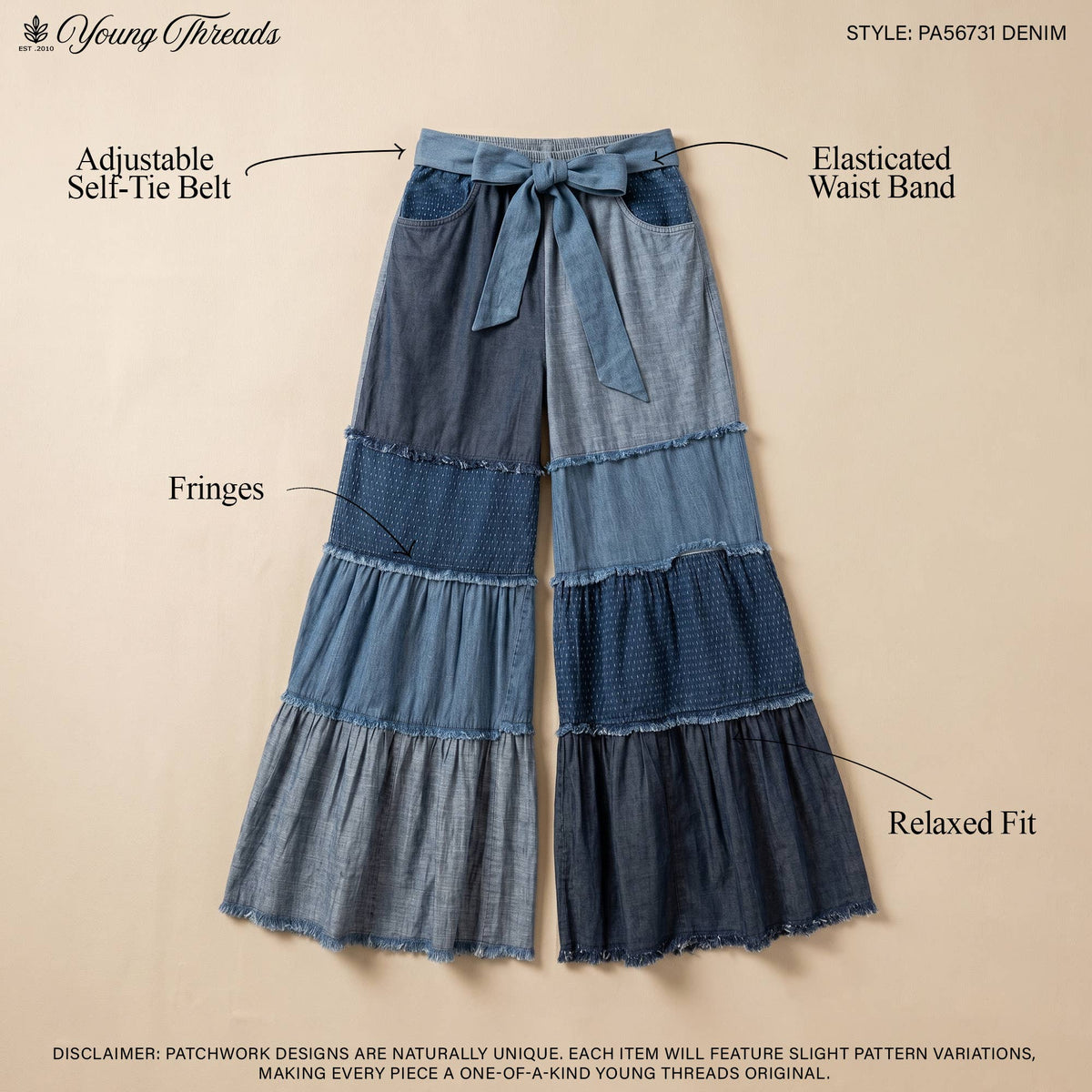 Boho Mixed-Denim Bell-Bottom Pant