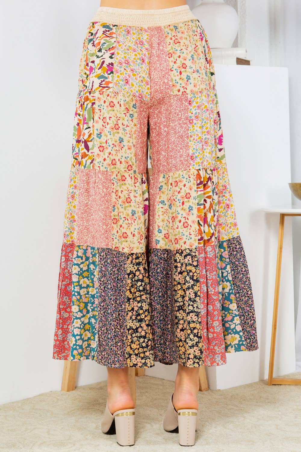 Printed Patchwork Overdyed Pants With 4 Tiers