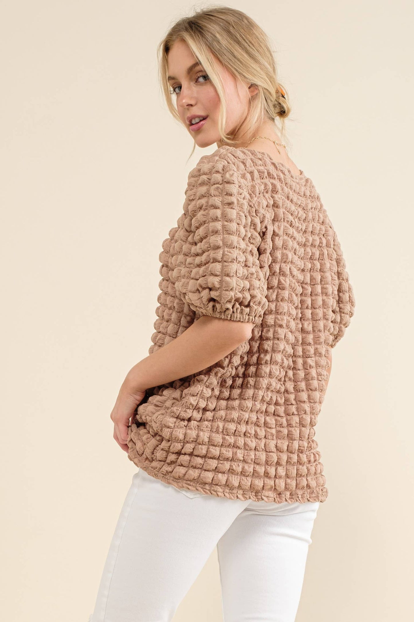 ATW14905 - Bubble Textured Round Neck Blouse Top: M / Fuchsia