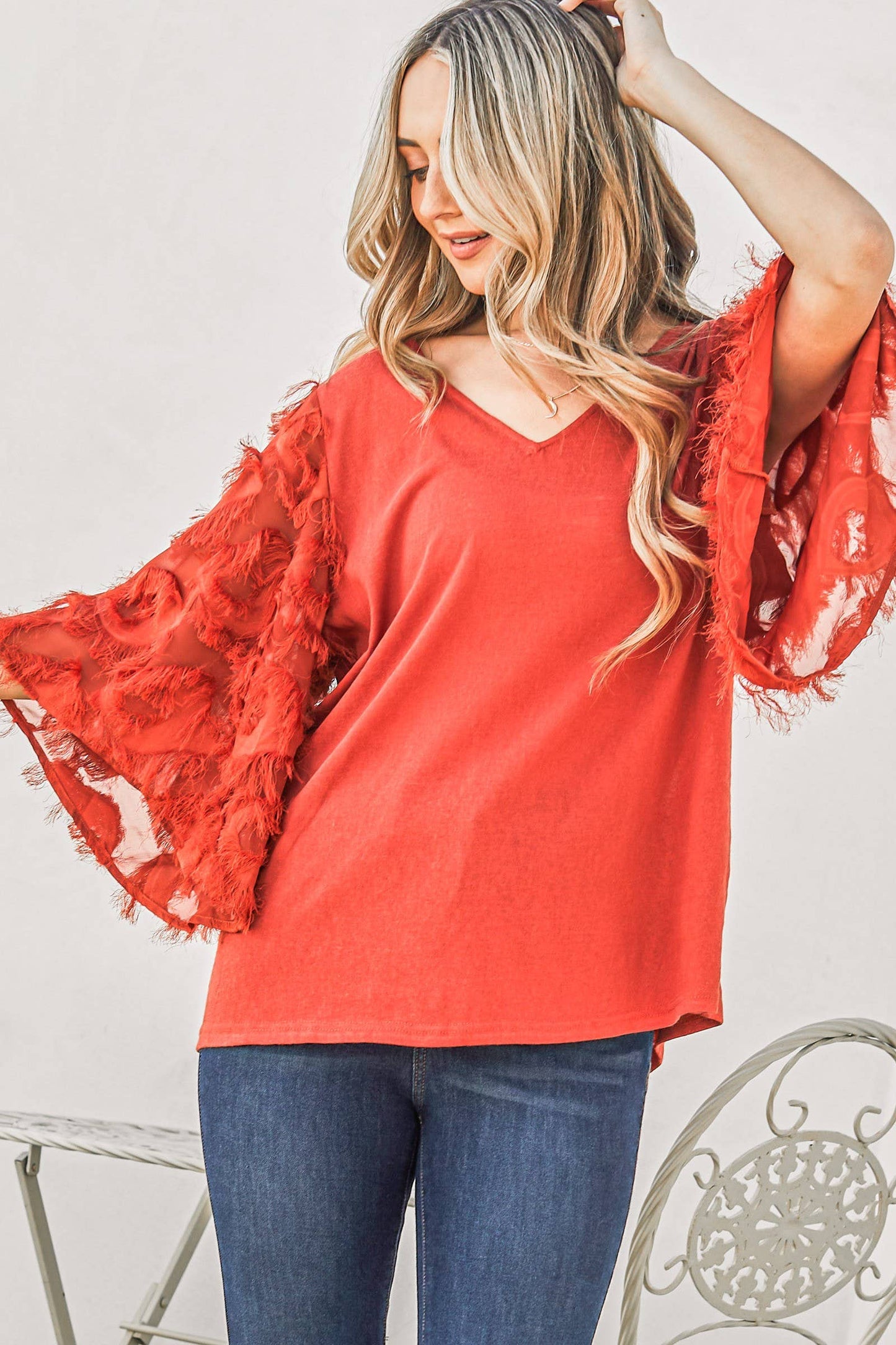 ATW13588-1 - Feather Detailed 3/4 Sleeve Slub Top: S / Black