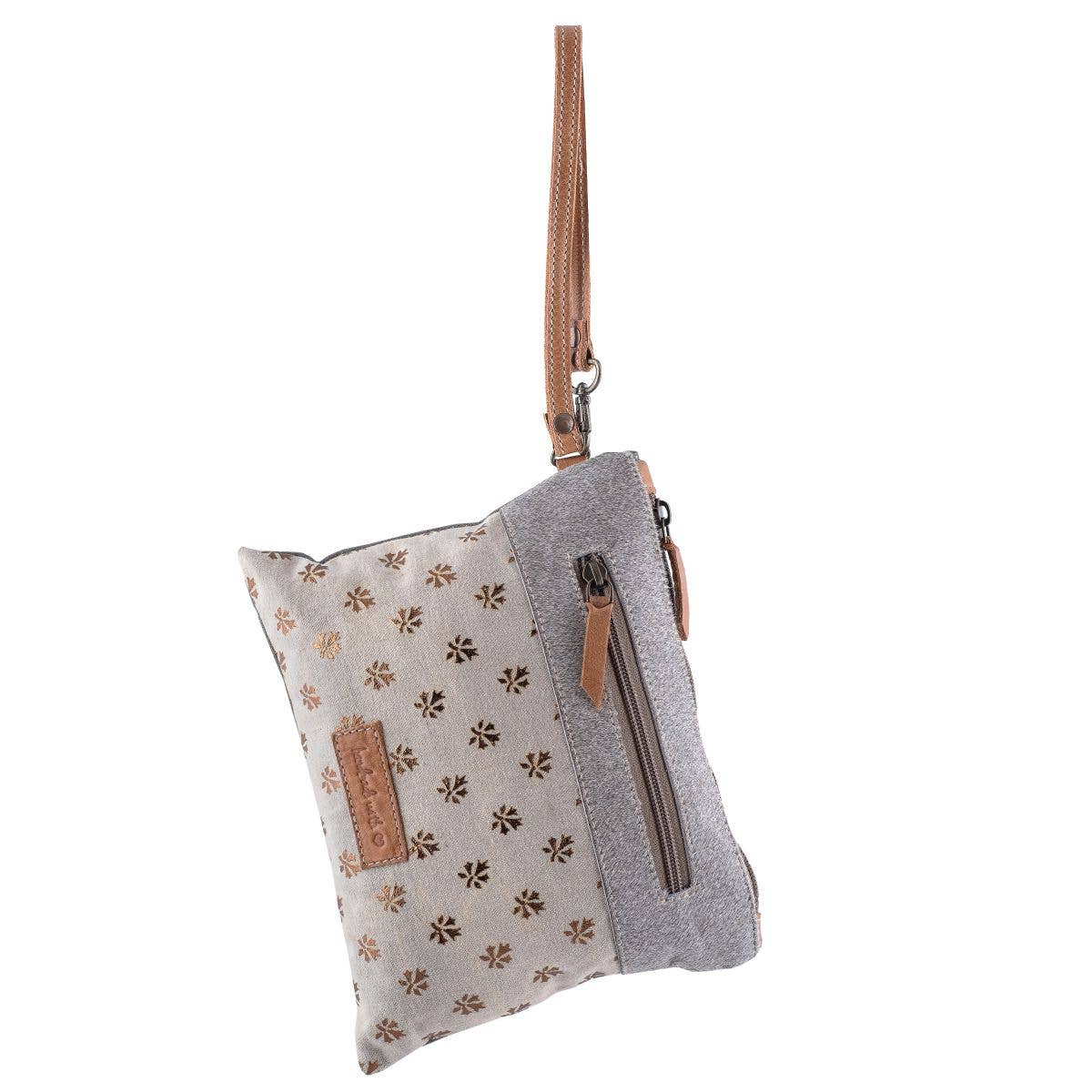 Canvas Leather & Cowhide Gold Leaves Women's Wristlet - Gray