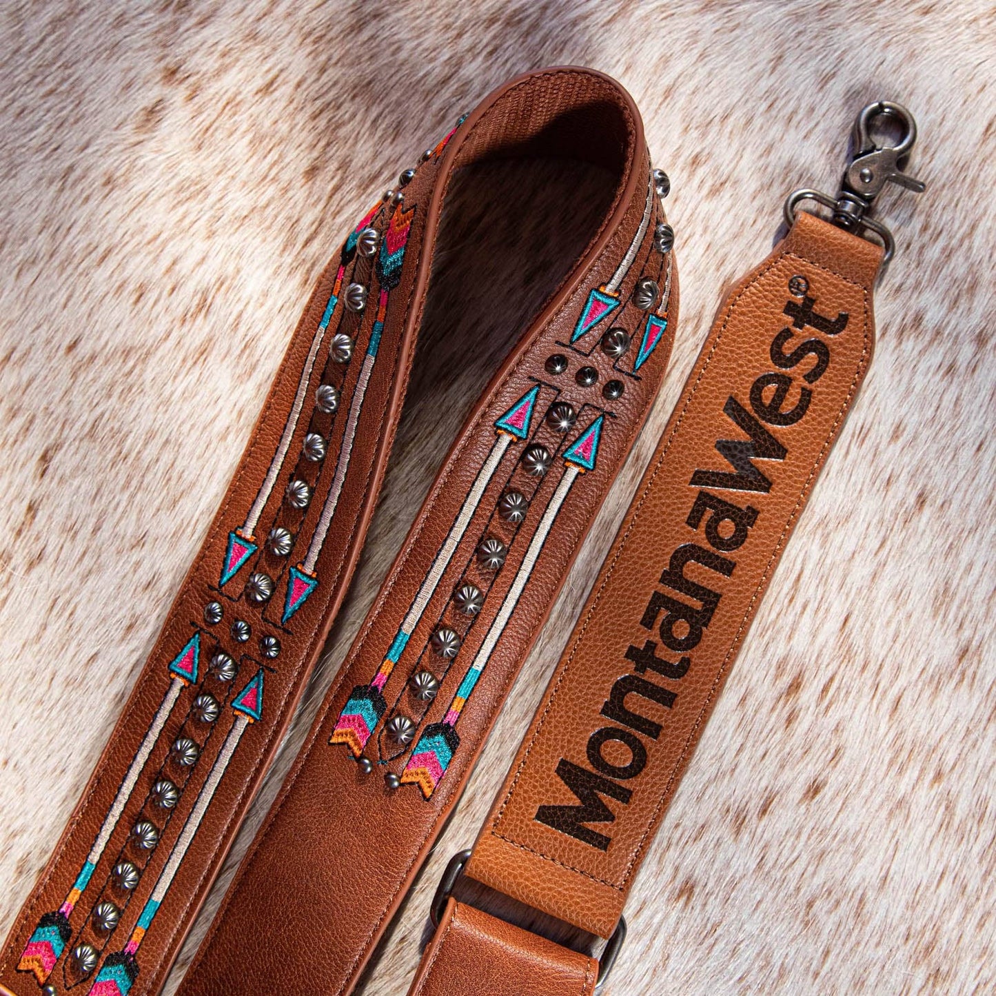 PST-2005 Montana West Western Guitar Style Embroidered Arrow Crossbody Strap -Brown