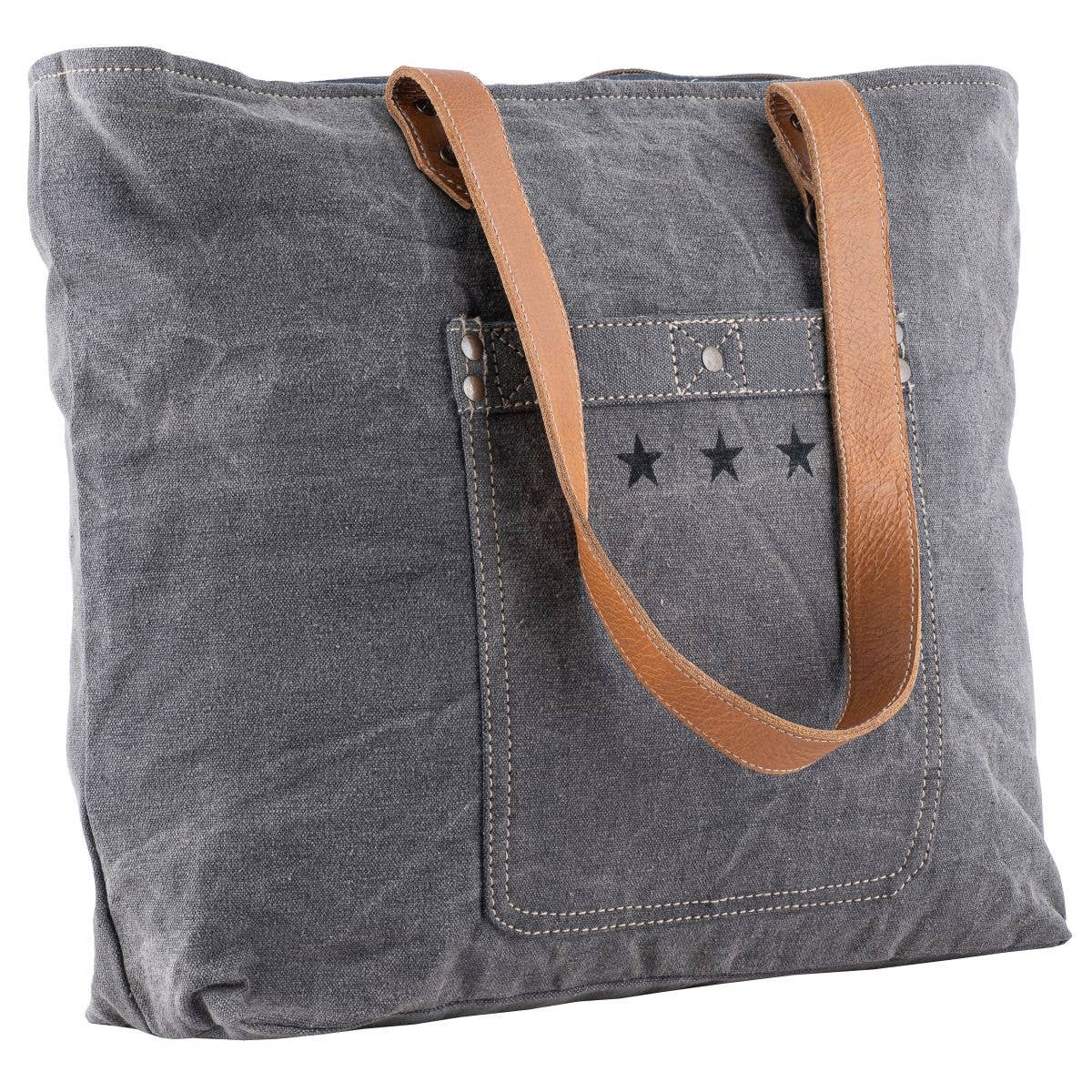 Canvas Leather Metal Stars Women's Tote Bag - Gray