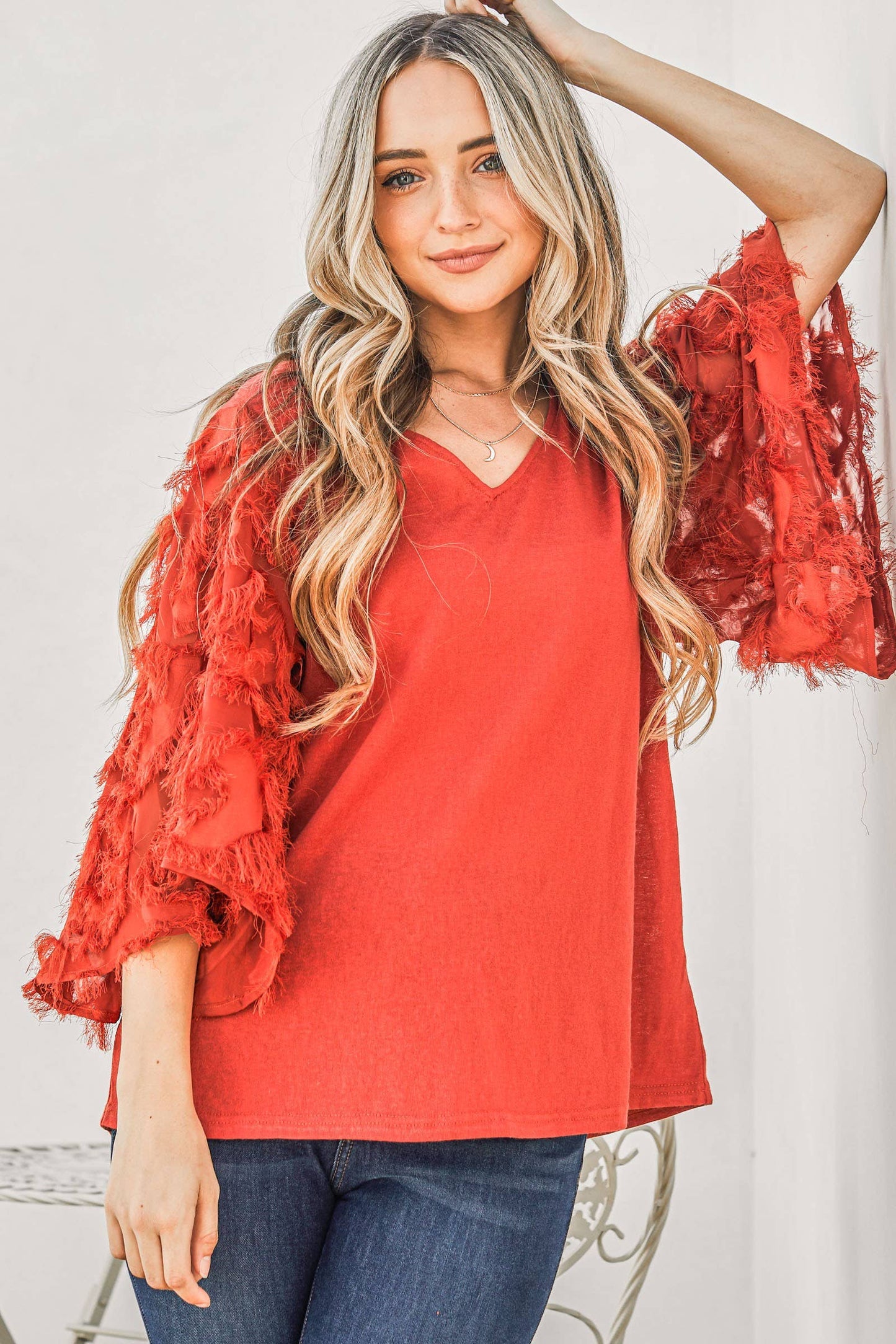 ATW13588-1 - Feather Detailed 3/4 Sleeve Slub Top: L / Black