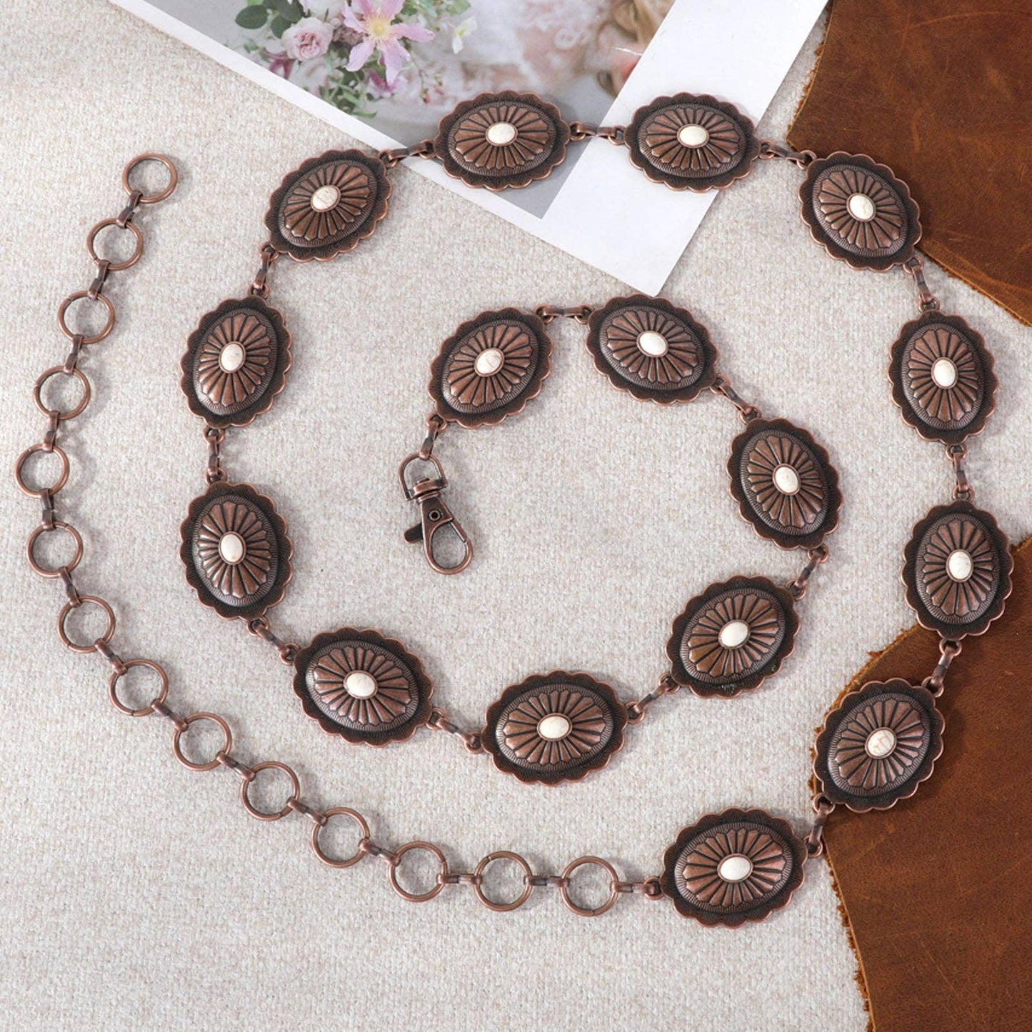 RCB-1023 Rustic Couture Etched Silver/Bronze Oval Stone Centered Concho Link Chain Belt