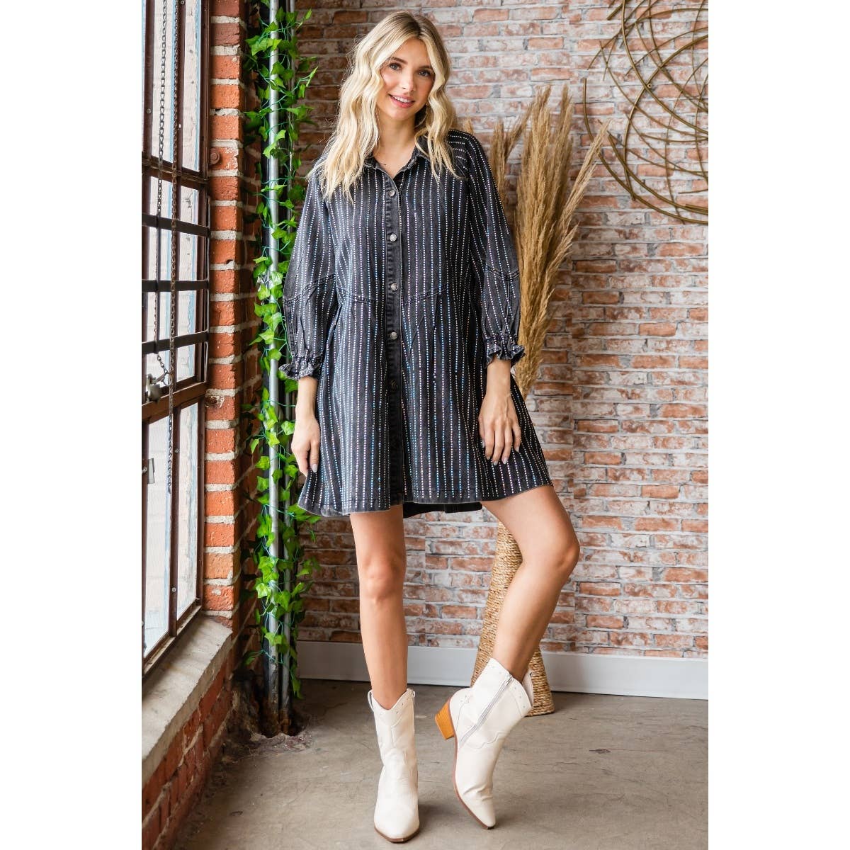 Rhinestone Stripe Denim Dress