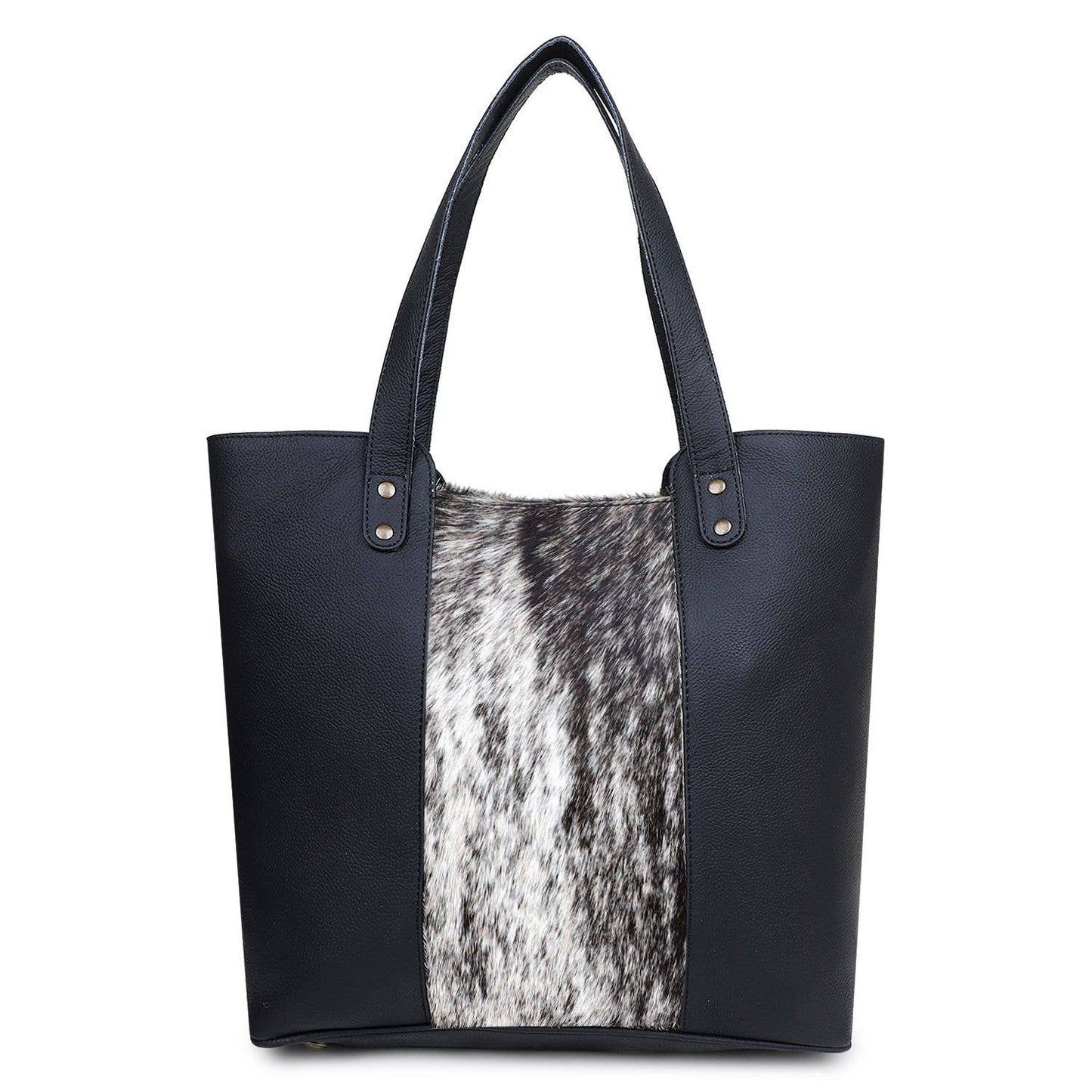 Leather and Cowhide Women's Tote Bag - Black White