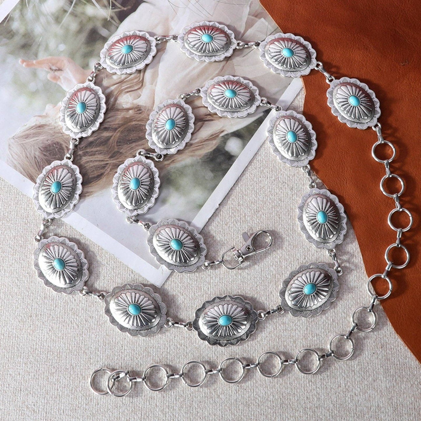 RCB-1023 Rustic Couture Etched Silver/Bronze Oval Stone Centered Concho Link Chain Belt