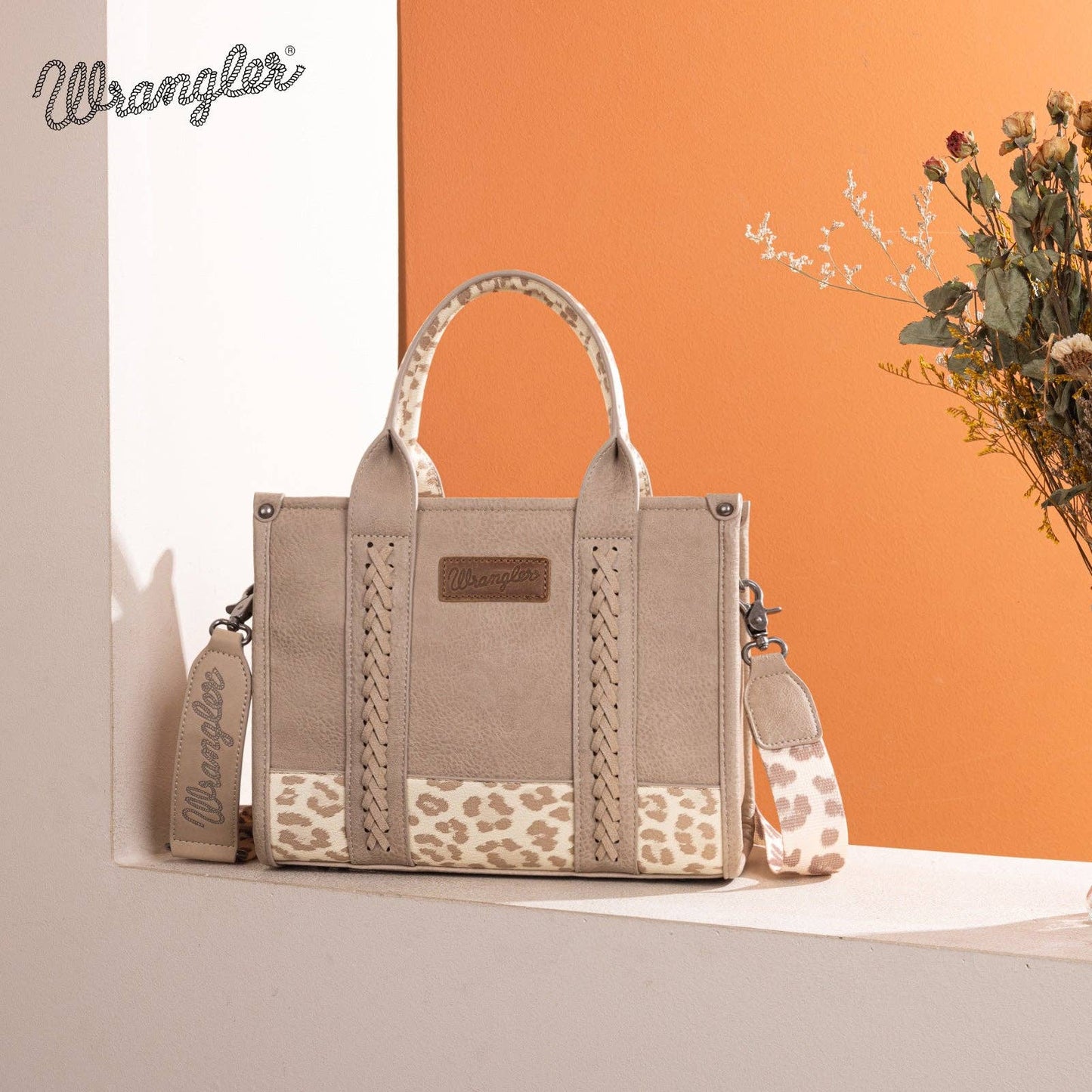 WG102-8120S Wrangler Cow Print Concealed Carry Tote/Crossbody - Tan