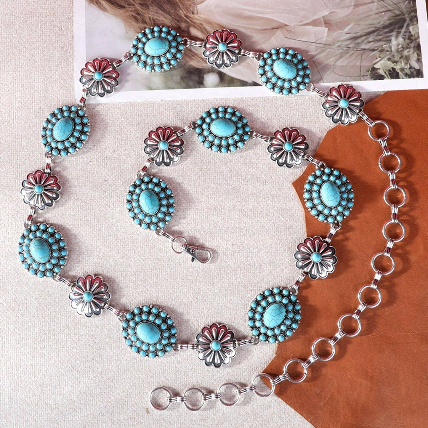 RCB-1047 Rustic Couture Oval Flower Stone Concho and daisy conchos Link Chain Belt