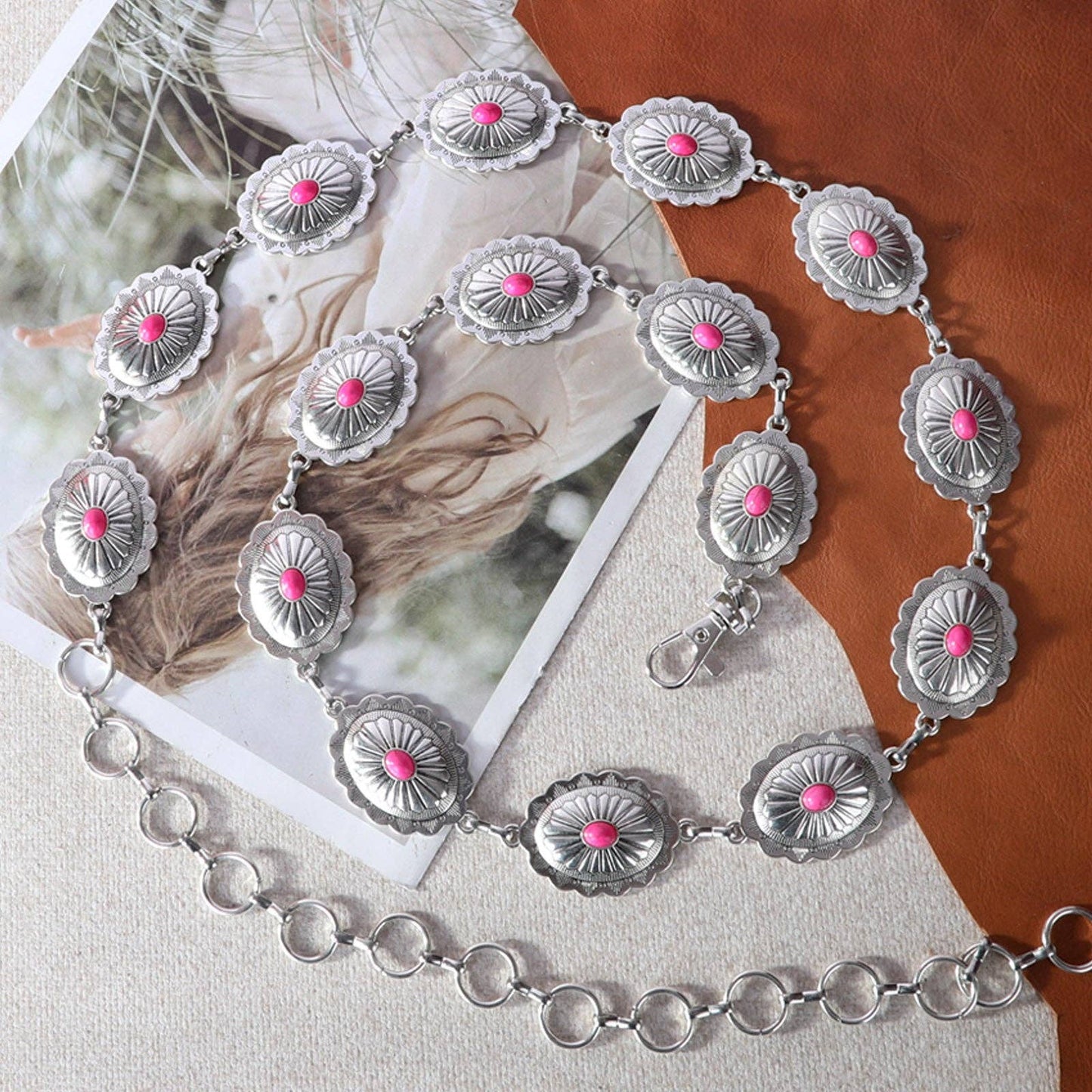 RCB-1023 Rustic Couture Etched Silver/Bronze Oval Stone Centered Concho Link Chain Belt