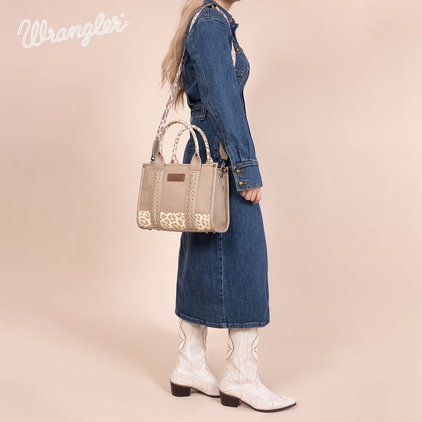 WG102-8120S Wrangler Cow Print Concealed Carry Tote/Crossbody - Tan