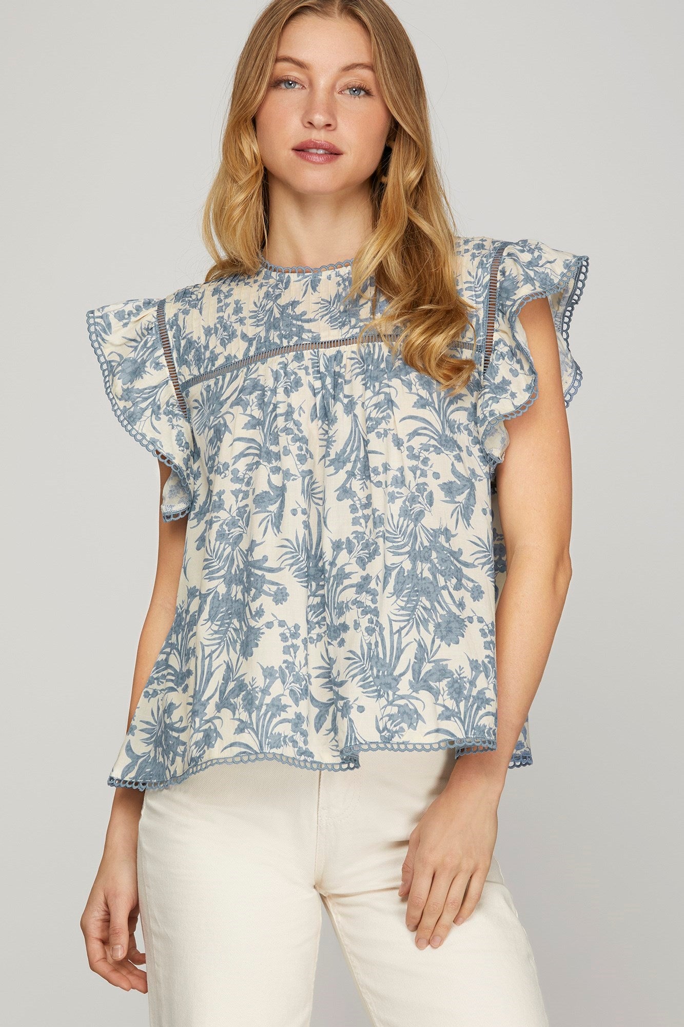 Ruffle Sleeved Woven Print Pintuck Top With Ladder Trim