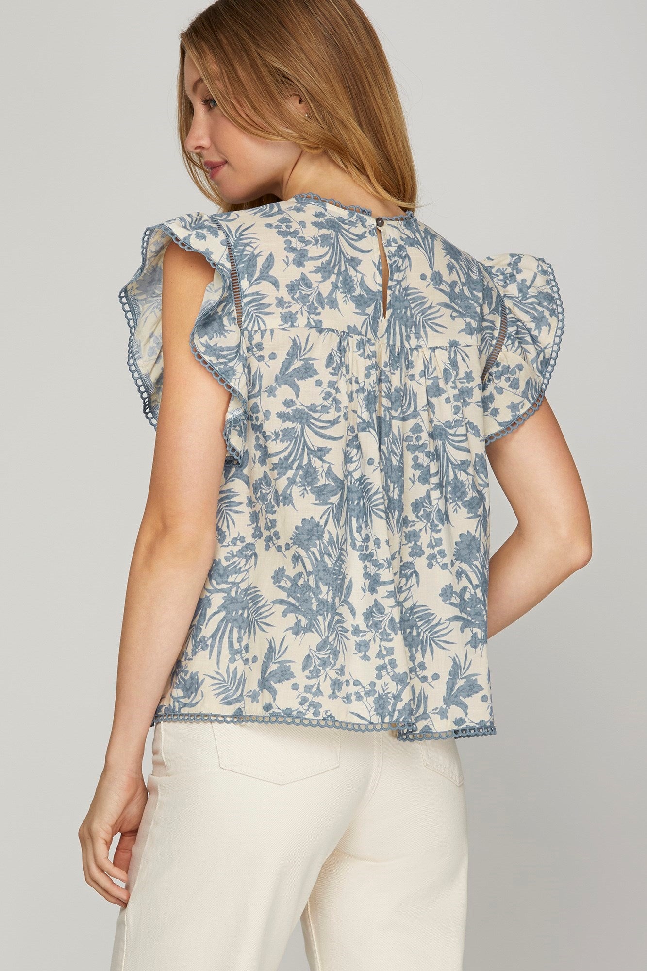 Ruffle Sleeved Woven Print Pintuck Top With Ladder Trim