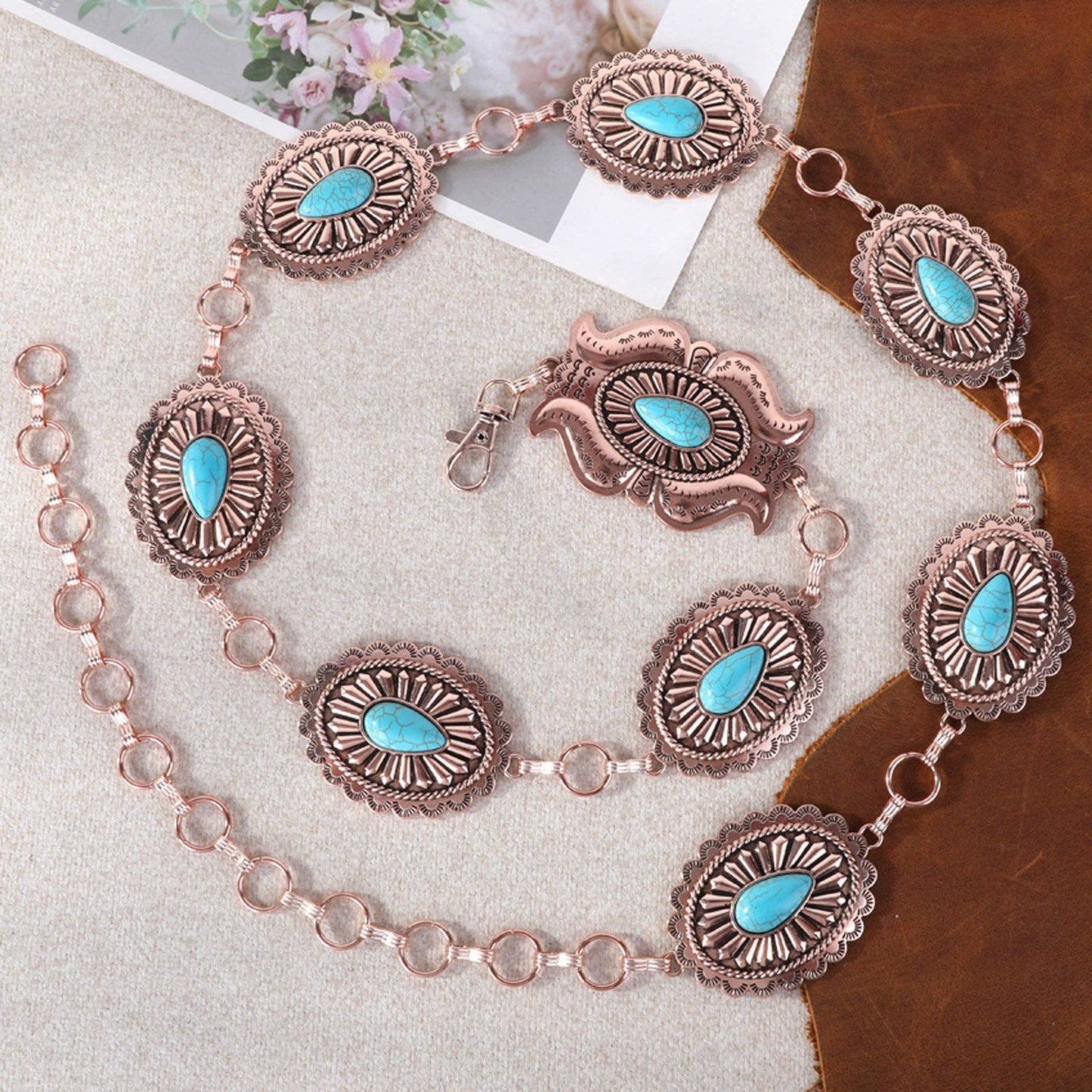 RCB-1049 Rustic Couture Etched Oval Concho Link Chain Belt
