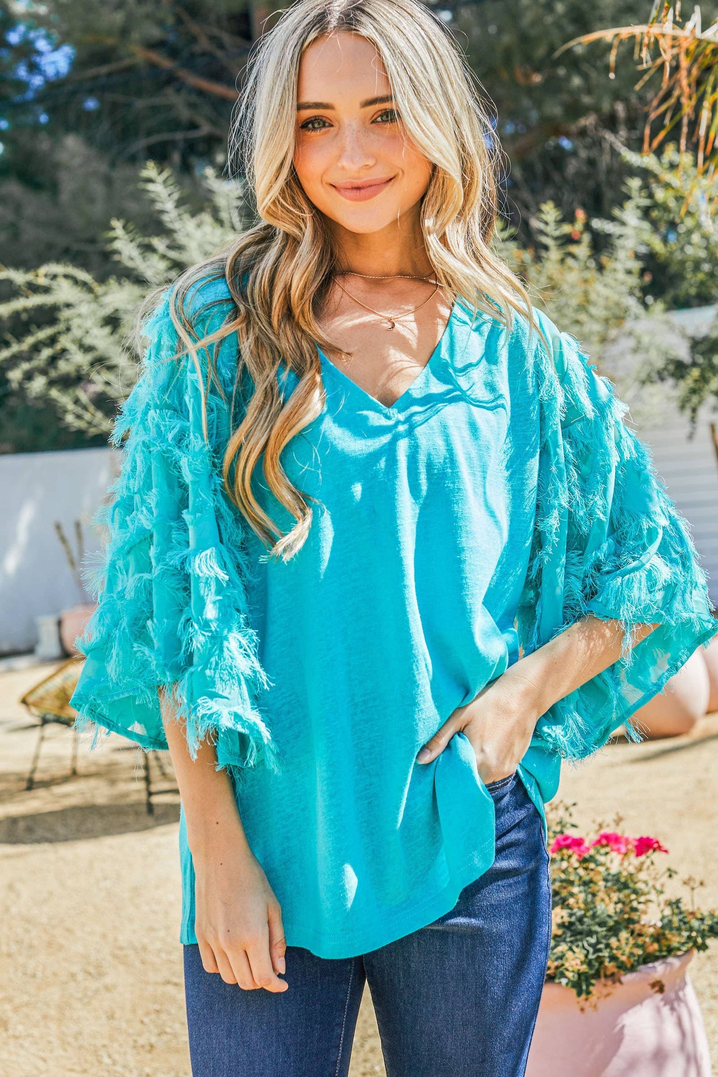 ATW13588-1 - Feather Detailed 3/4 Sleeve Slub Top: S / Black