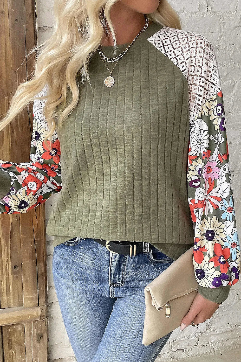 Moss colored top with Floral/ lace sleeves