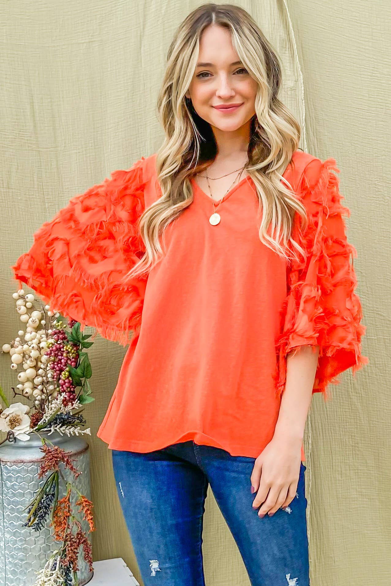ATW13588-1 - Feather Detailed 3/4 Sleeve Slub Top: L / Black