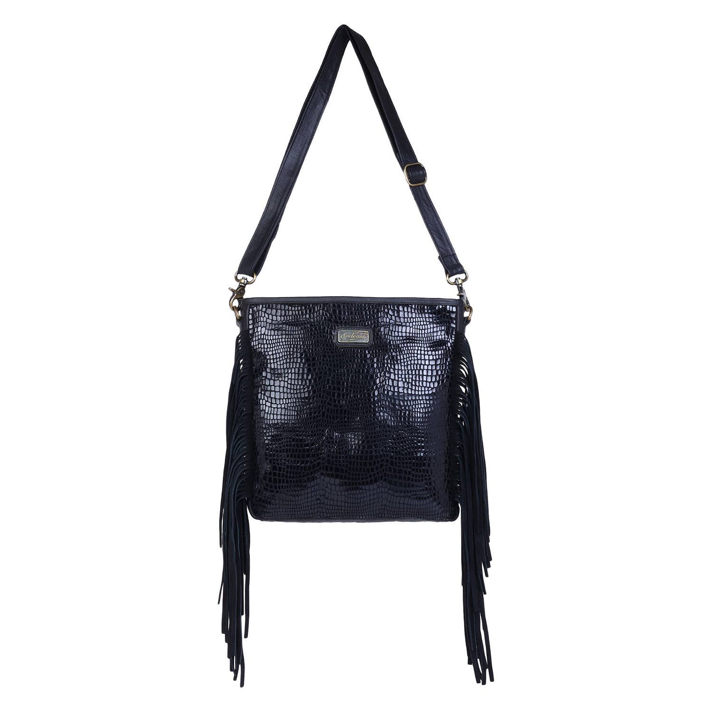 Leather Fringed Women Crossbody - Silver Black Polka Dots