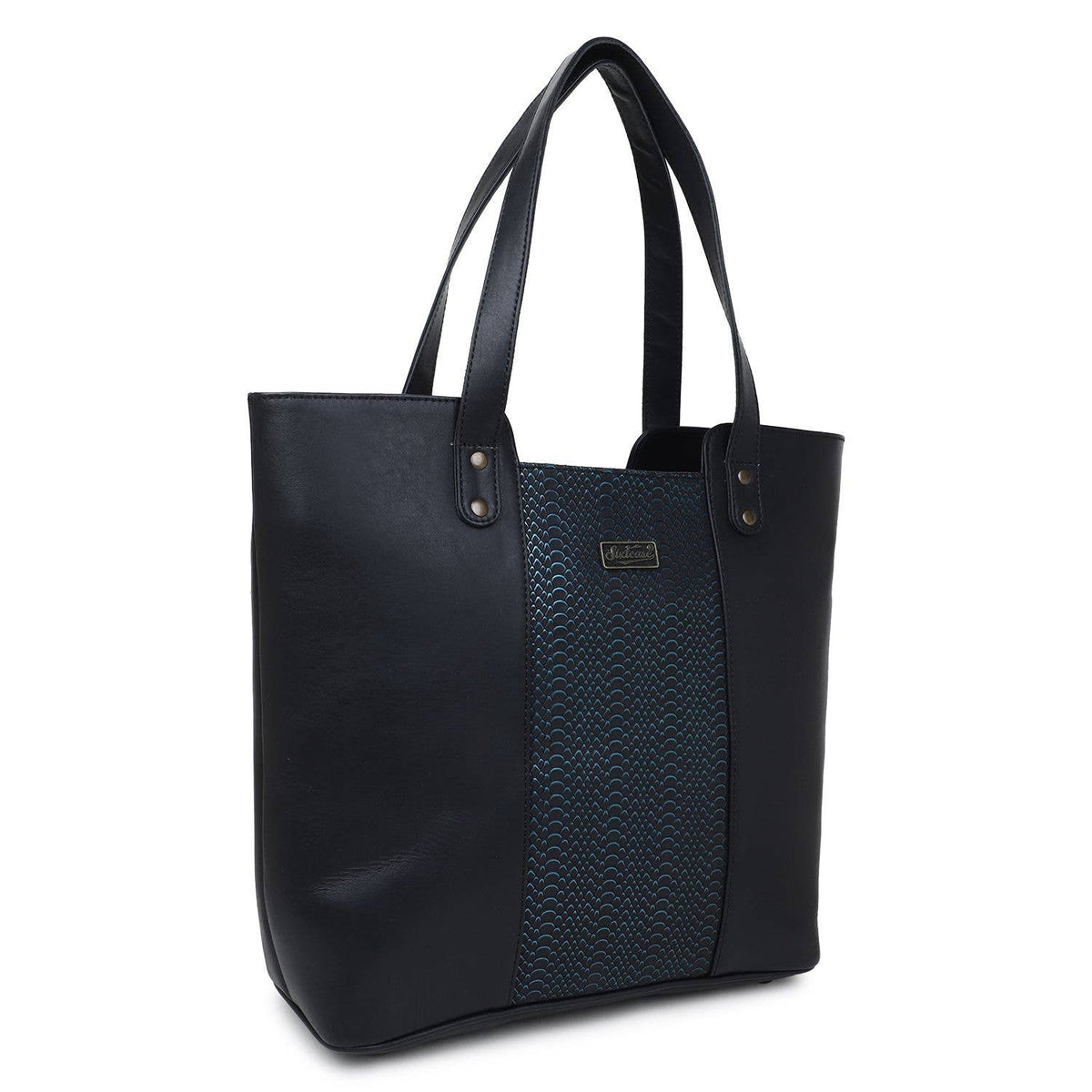 Leather Women's Tote Bag - Black Snake Texture