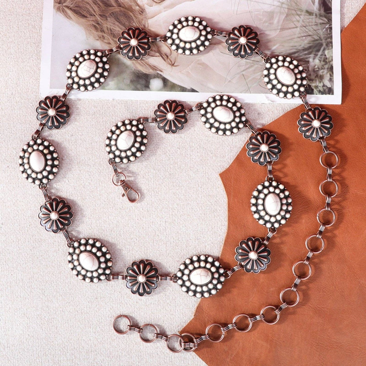 RCB-1047 Rustic Couture Oval Flower Stone Concho and daisy conchos Link Chain Belt