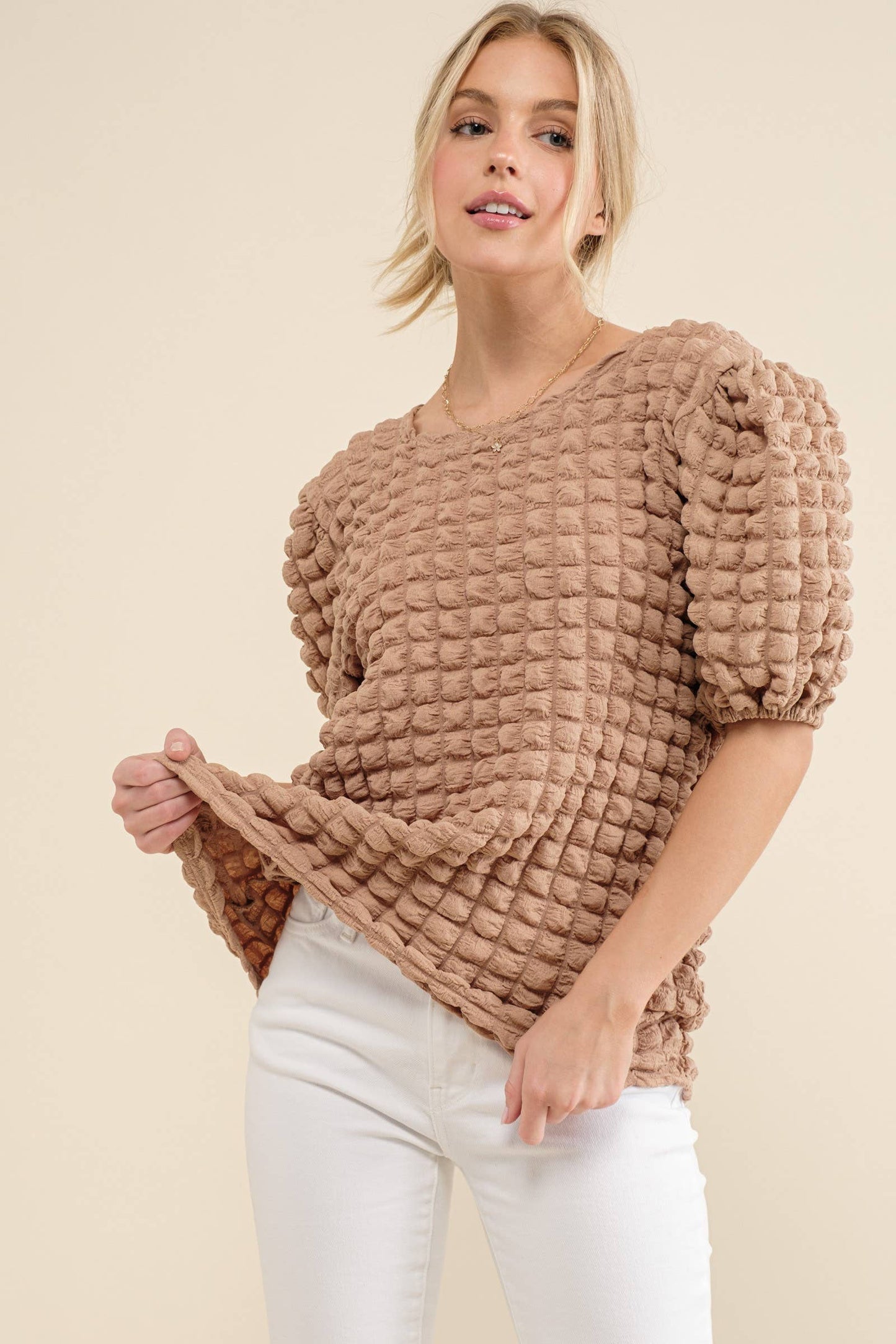 ATW14905 - Bubble Textured Round Neck Blouse Top: XL / Fuchsia