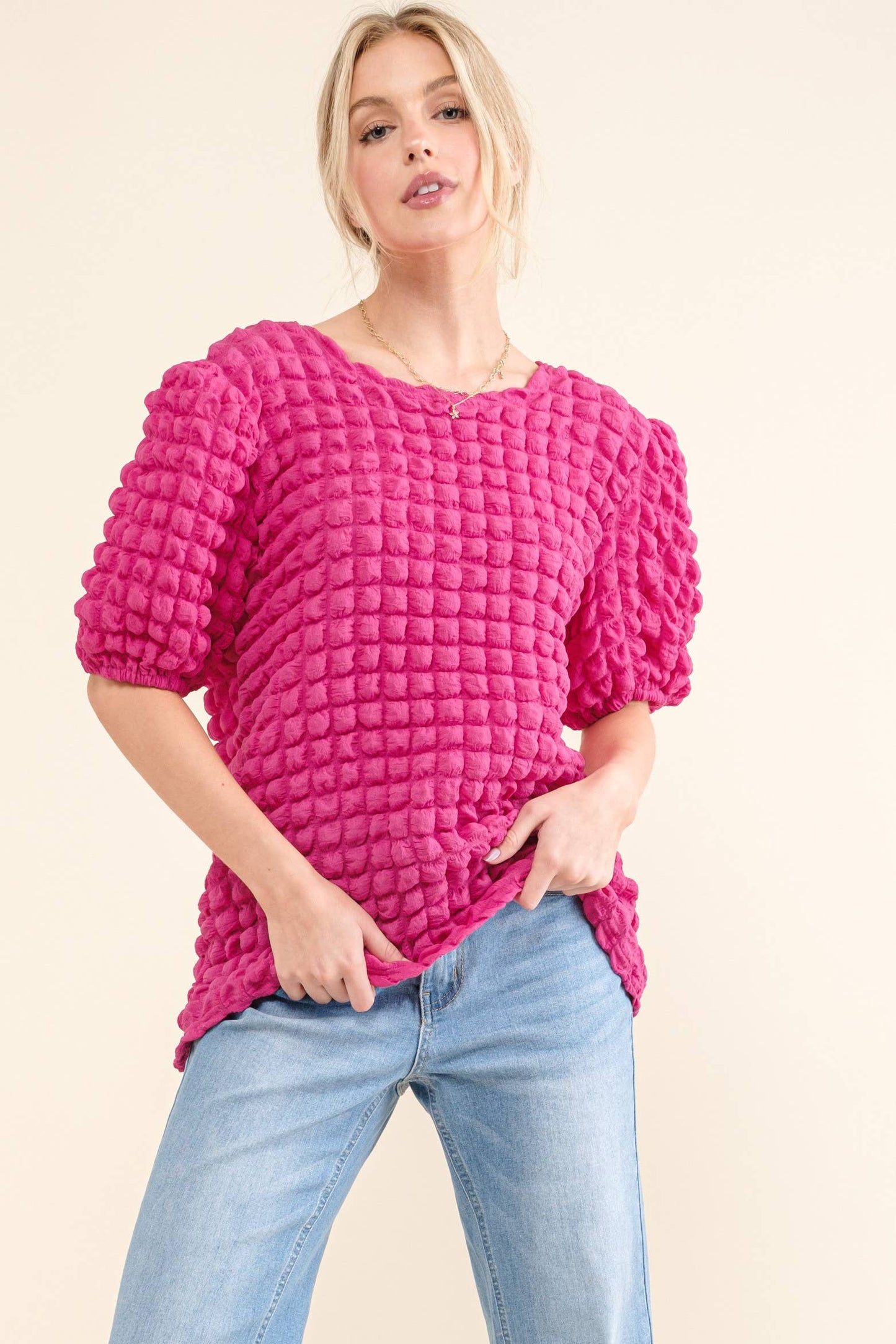 ATW14905 - Bubble Textured Round Neck Blouse Top: S / Fuchsia