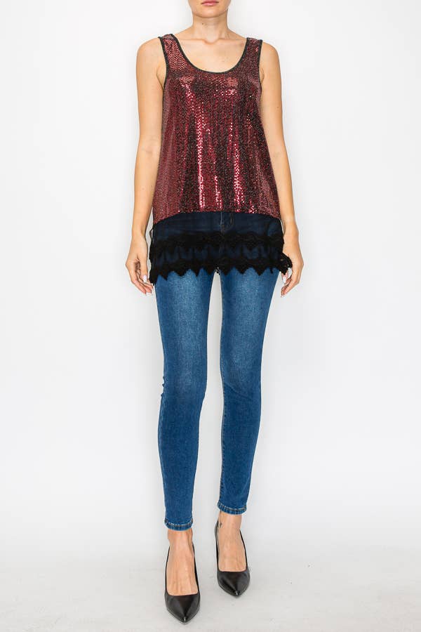 501-T12 SPARKLY TANK TOP WITH LACE LAYER