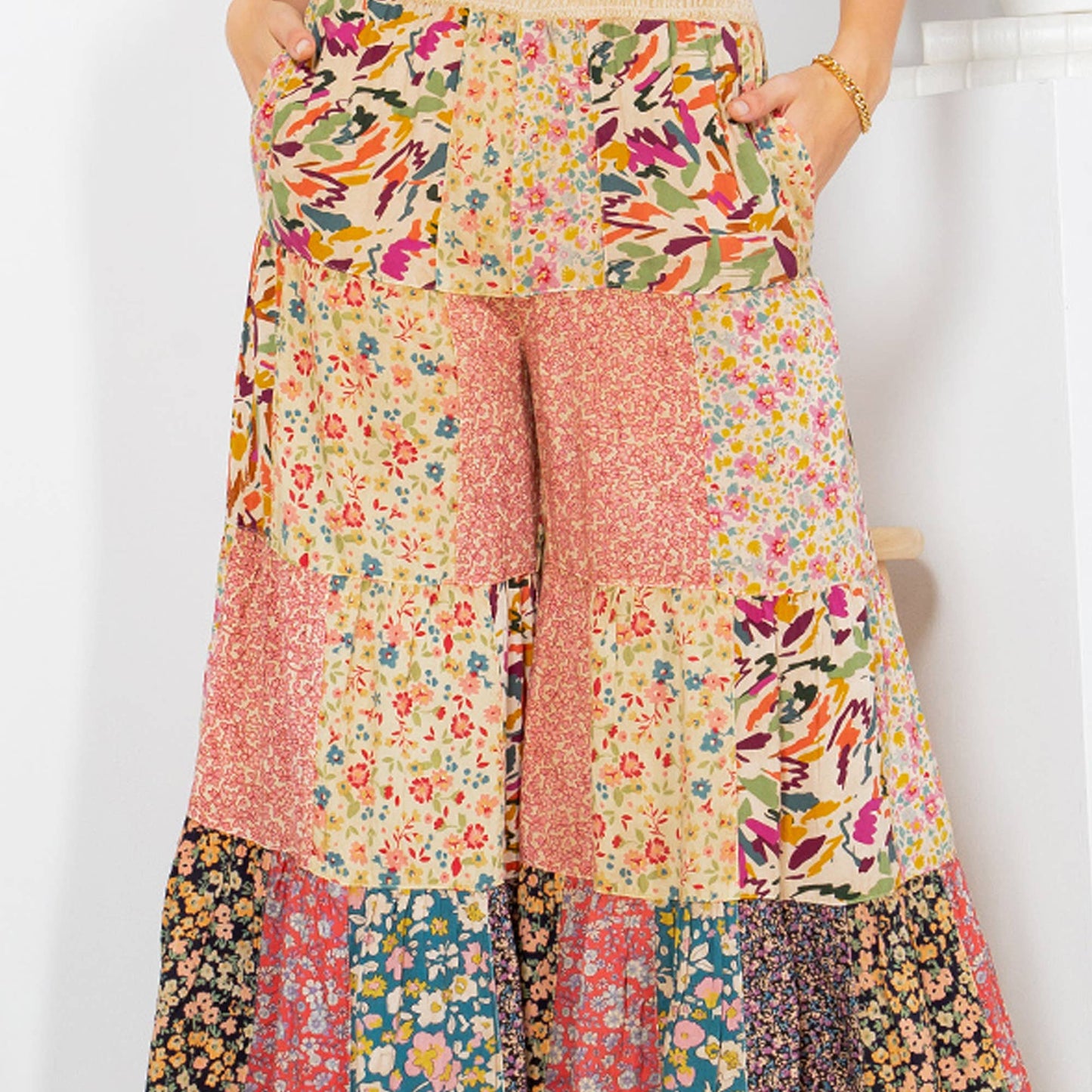 Printed Patchwork Overdyed Pants With 4 Tiers