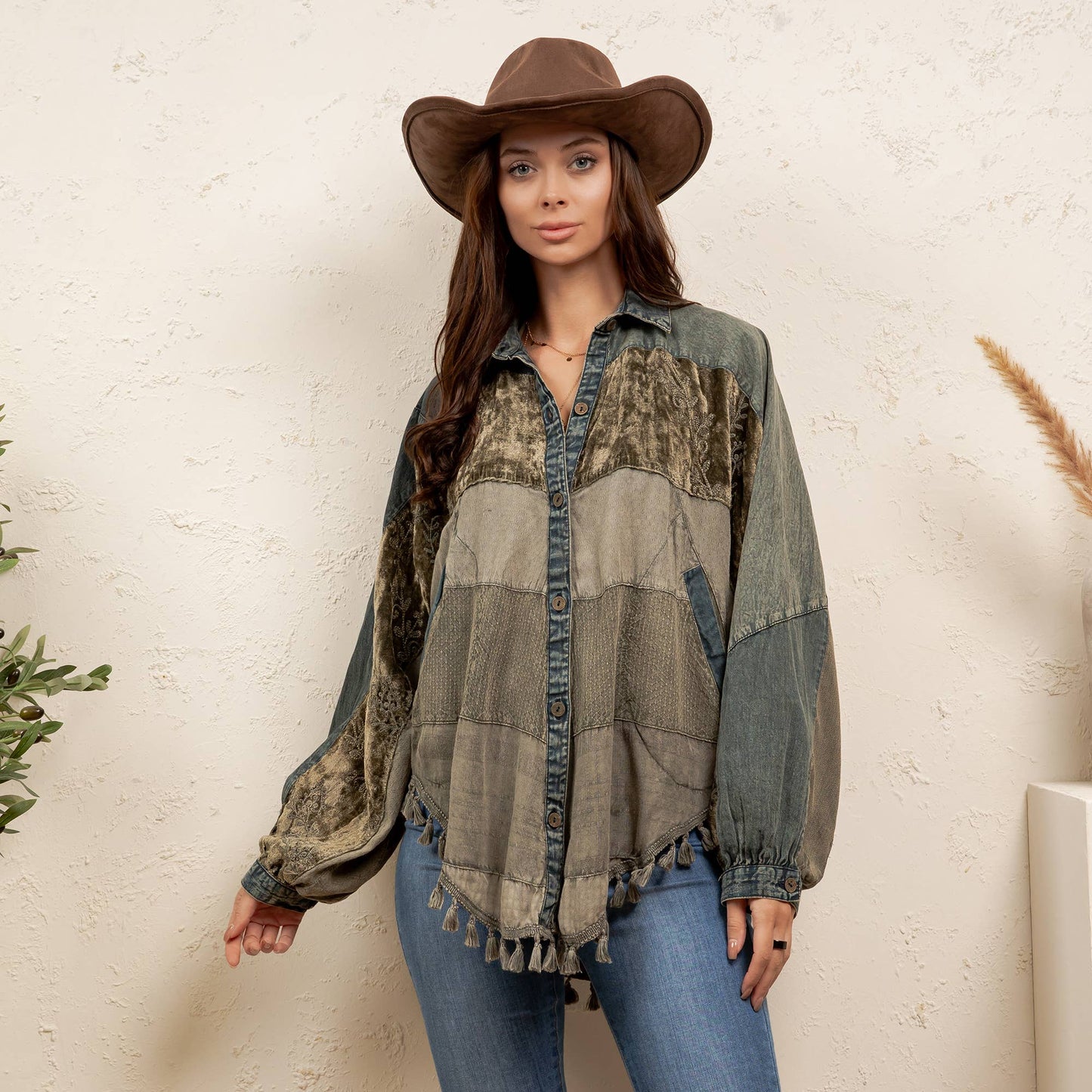 Boho Embroidered Velvet & Denim Shacket Top NEW