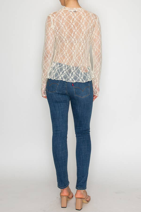 Sparkly Sheer Lace Long Sleeve Top - Beige