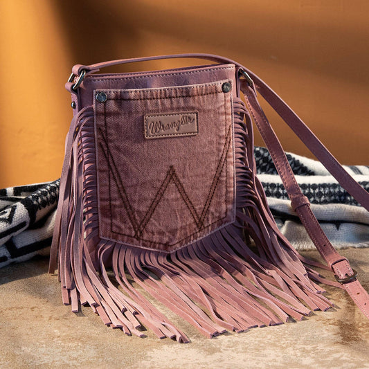 WG44-8360  Wrangler Leather Fringe Jean Denim Pocket Crossbo