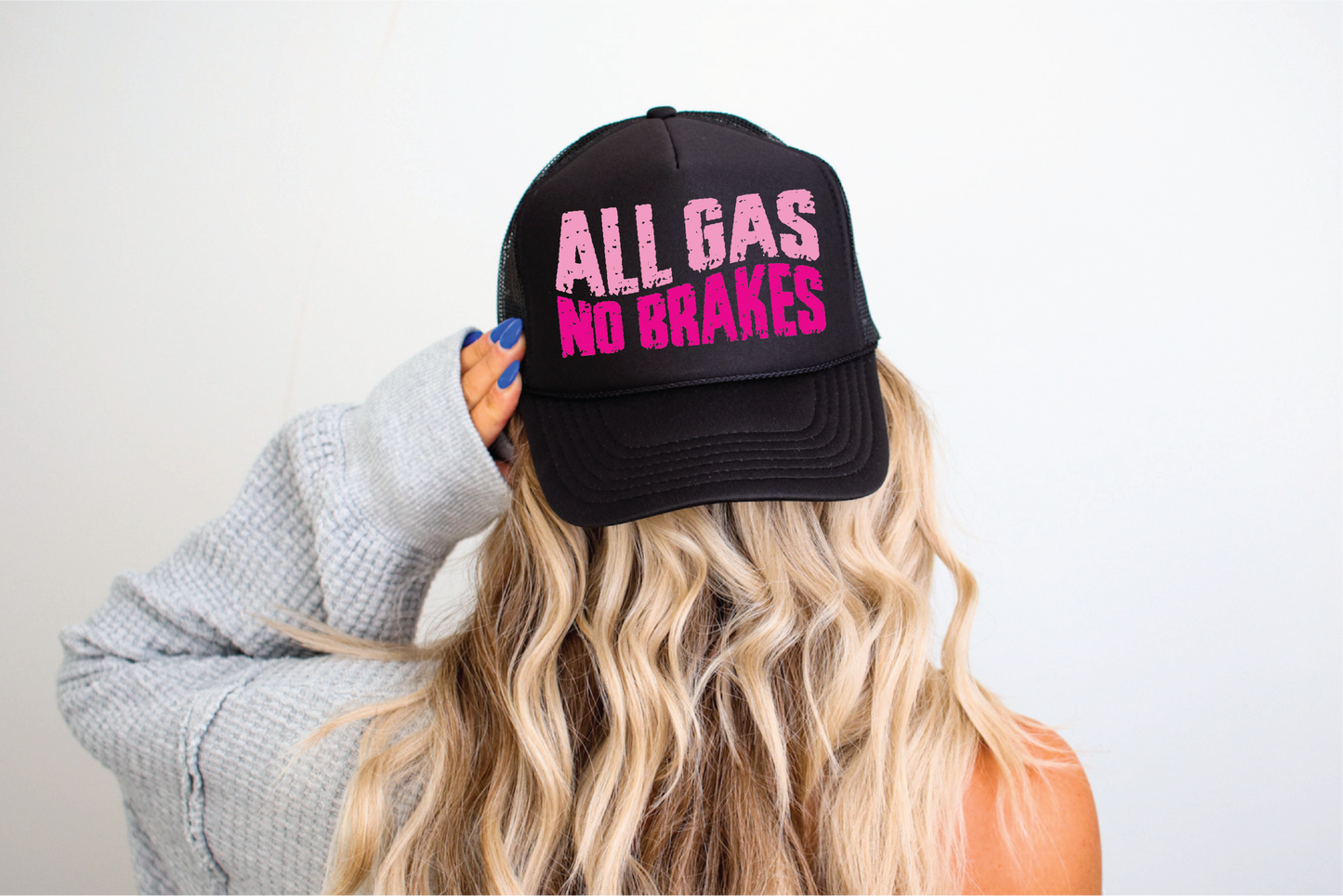 All Gas No Brakes DTF Printed Black Trucker Hat