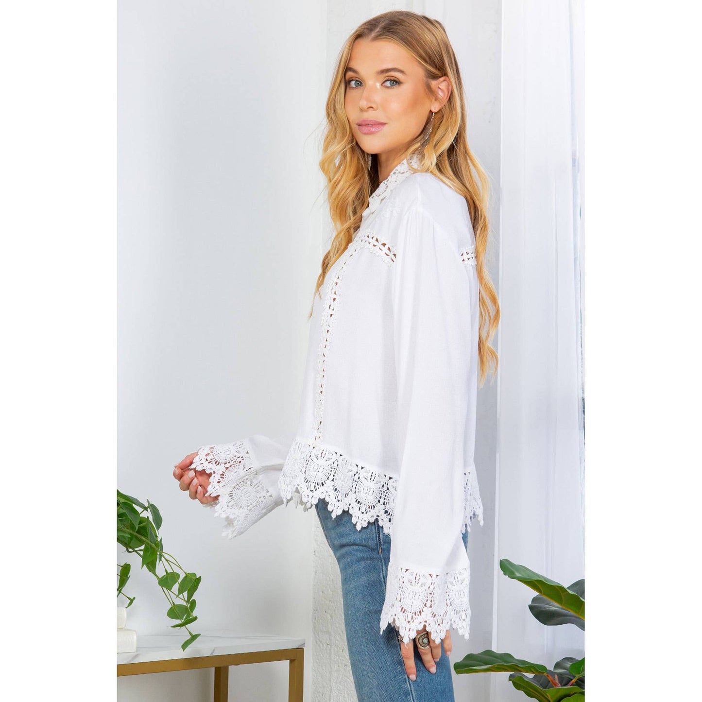 Lace-Inspired Trucker Jacket Top Lace Inserts, Soft Collar