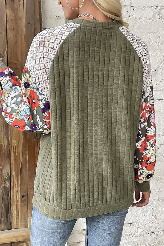 Moss colored top with Floral/ lace sleeves