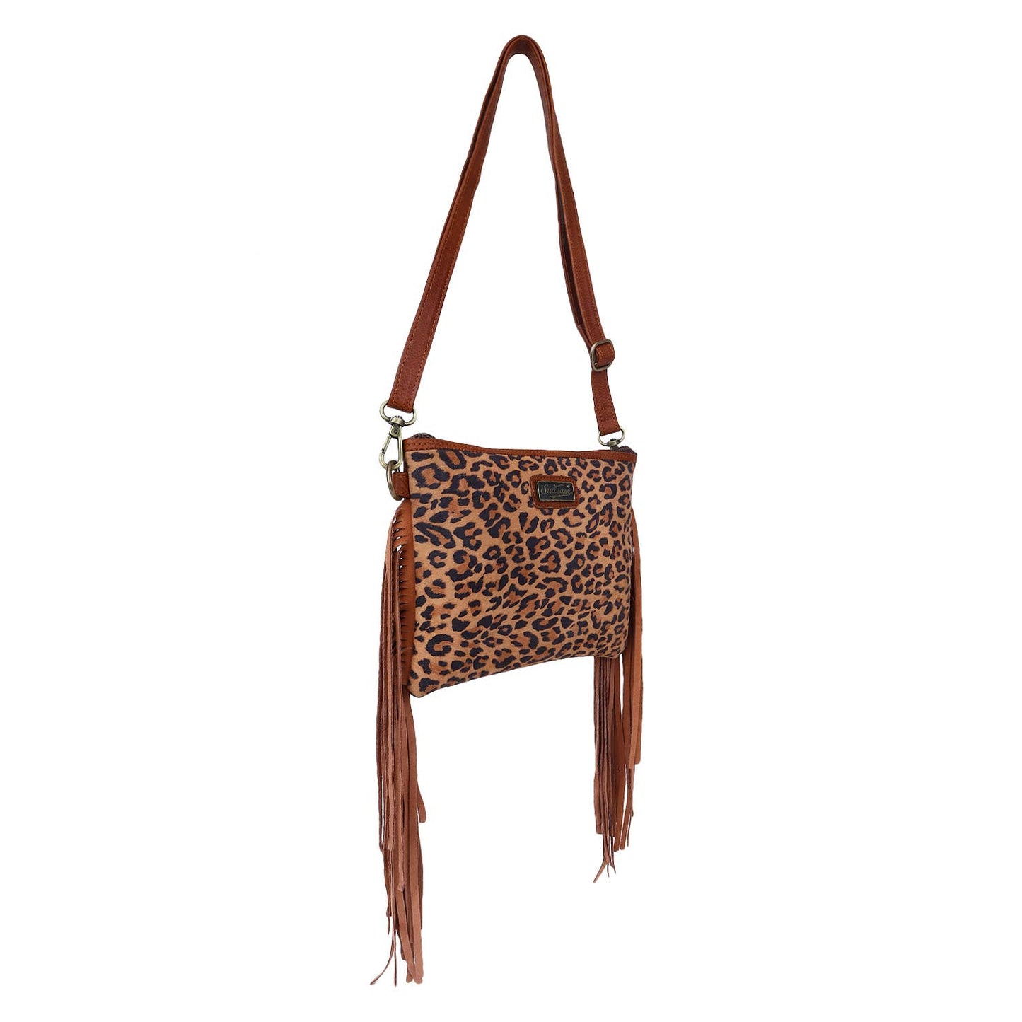 Leather Suede Fringed Women Sling - Brown Tan Leopard Print