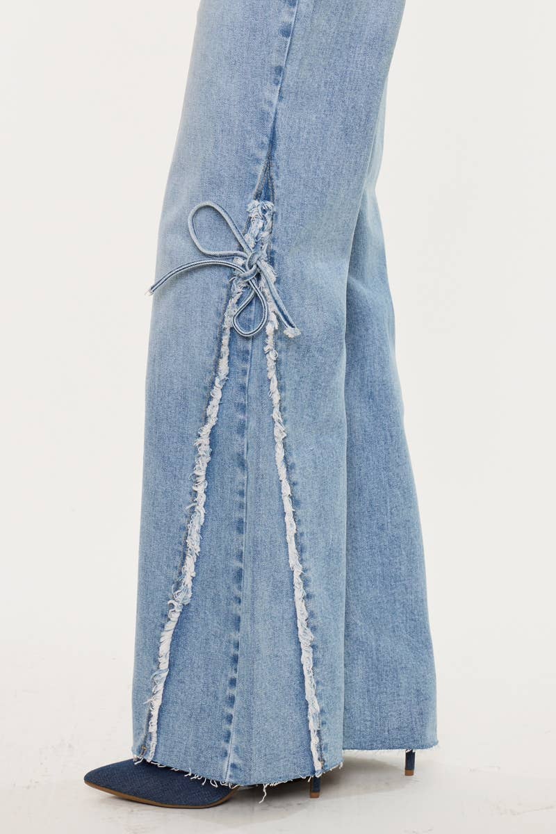 FRAYED AND TIED FLARE DENIM