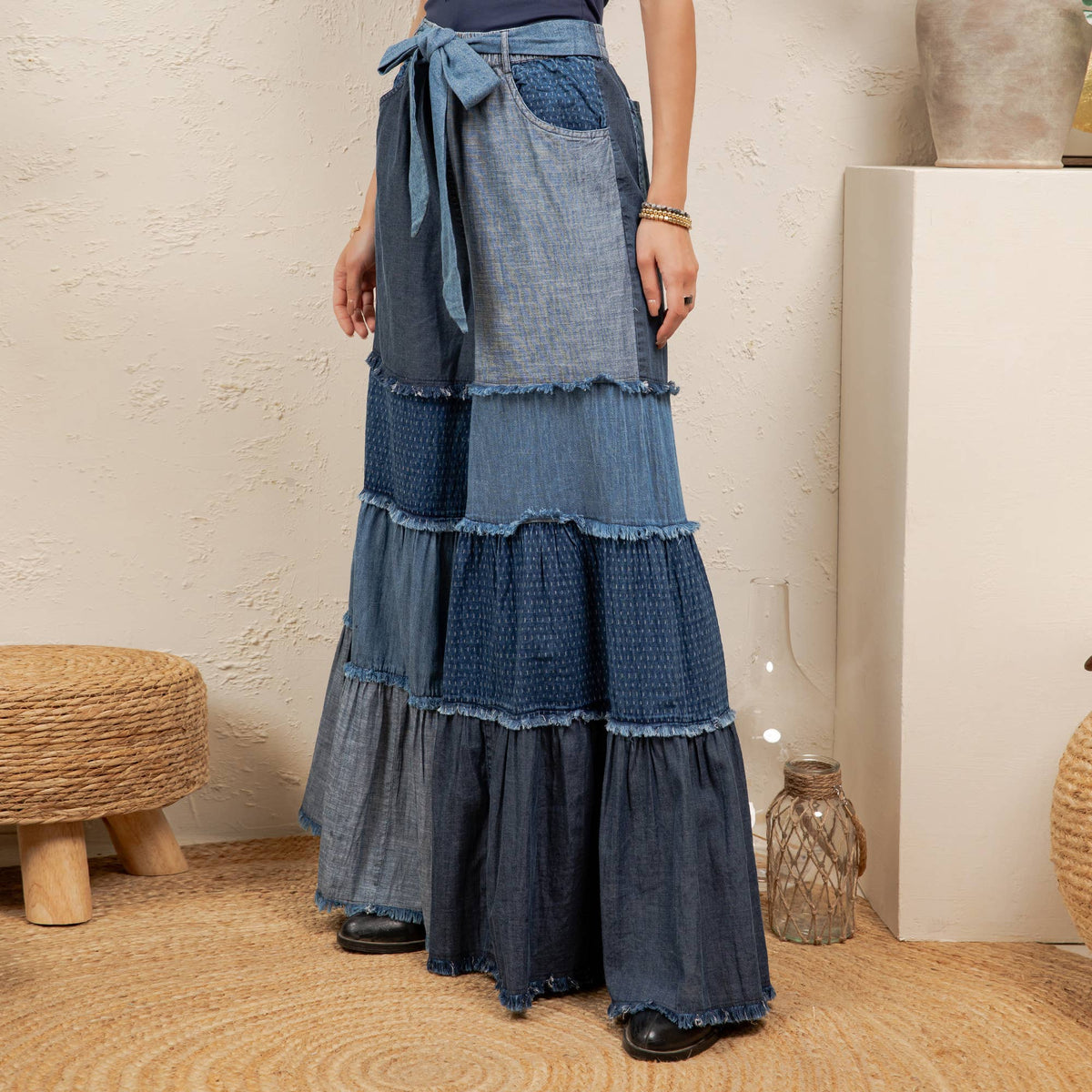 Boho Mixed-Denim Bell-Bottom Pant