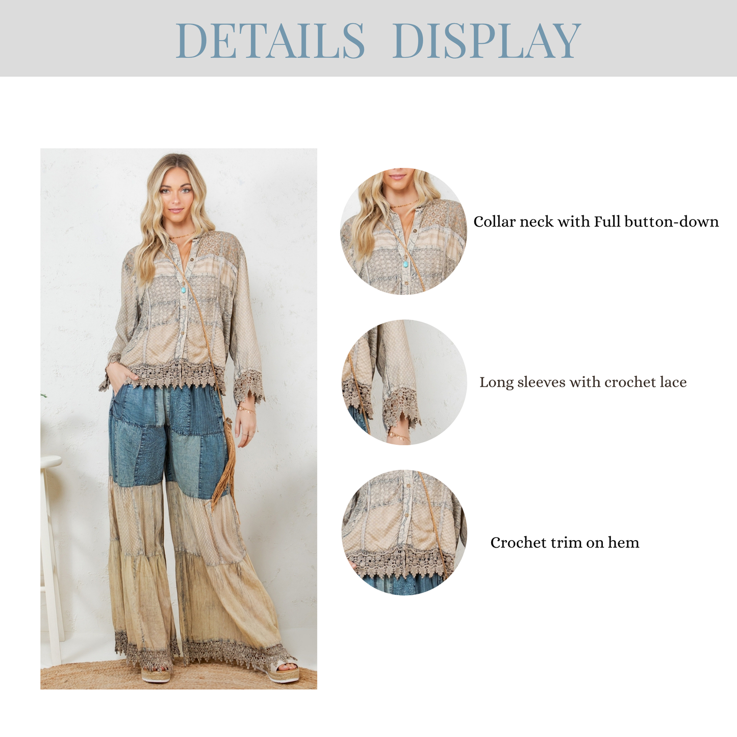 Chic Lace Patch Shacket with White Shell Buttons