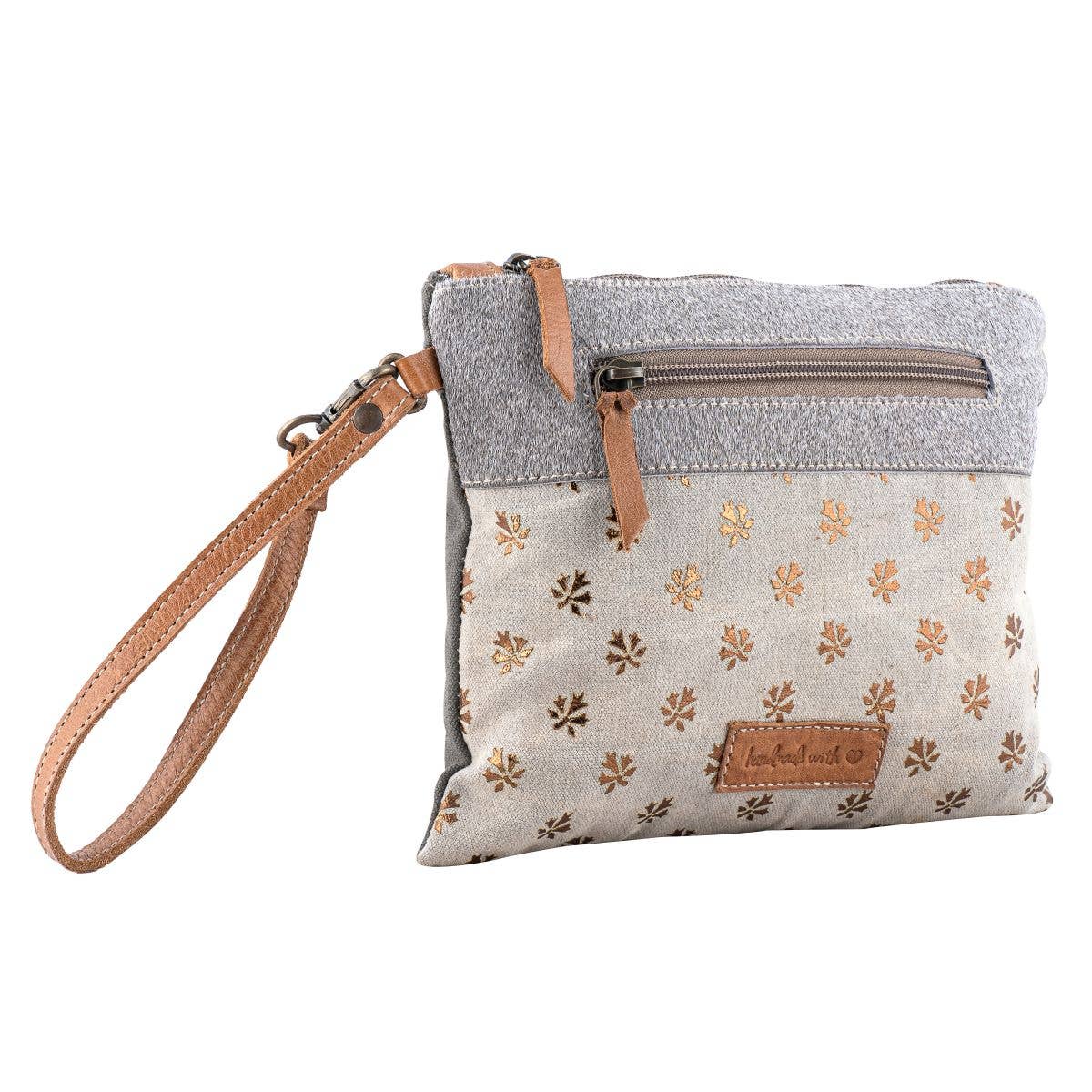 Canvas Leather & Cowhide Gold Leaves Women's Wristlet - Gray