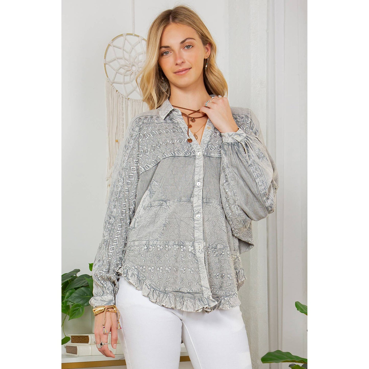 Bohemian Stonewashed Rayon Bat Sleeves Top With Shirt Collar