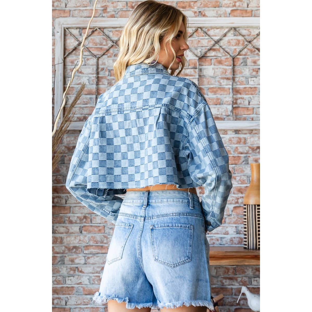 Checkered Print Cutted Hem Cropped Denim Top