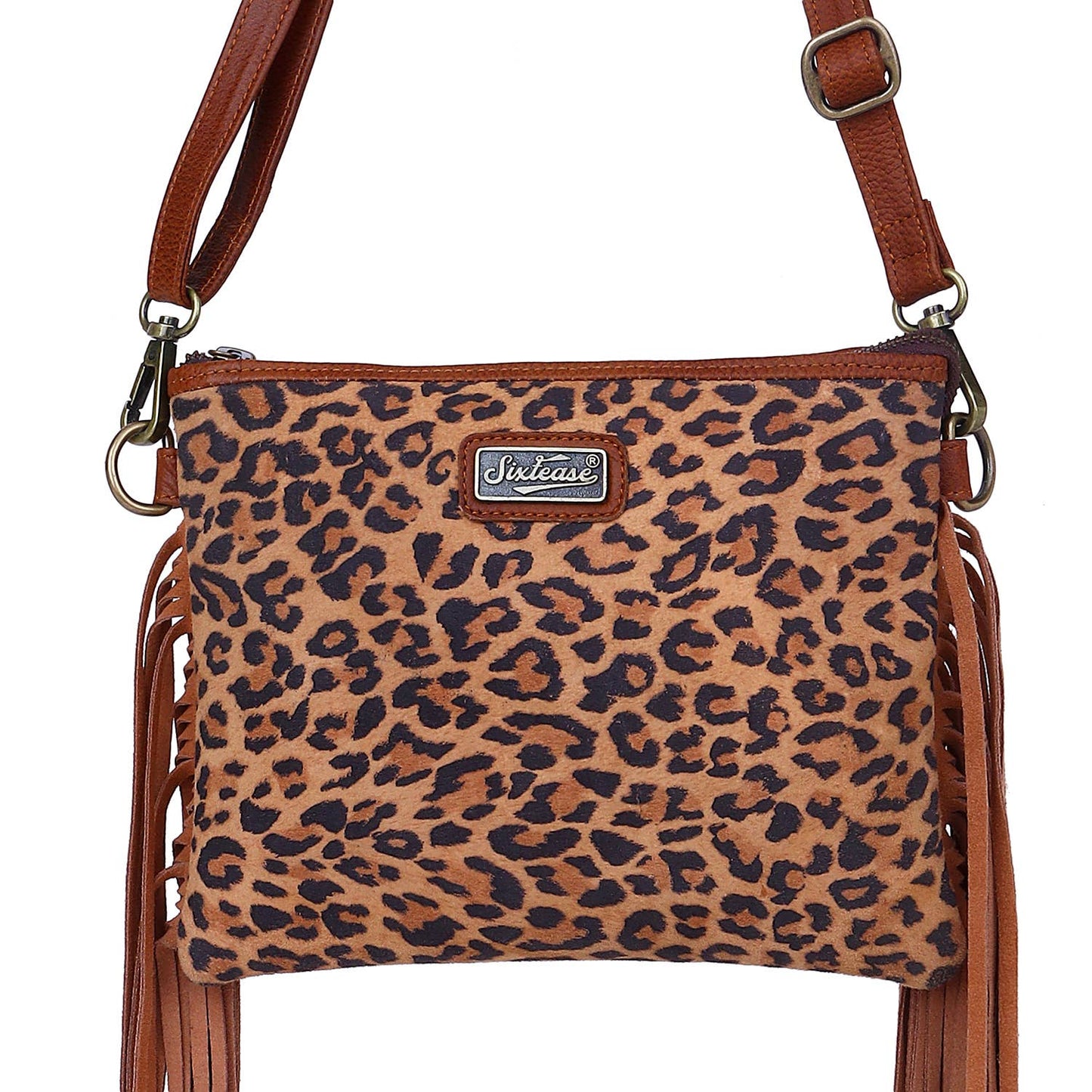 Leather Suede Fringed Women Sling - Brown Tan Leopard Print