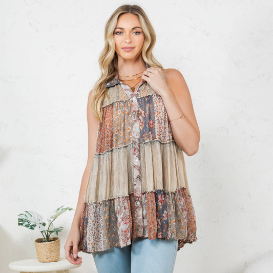Boho Chic Elegance - Artisan Patchwork Button-Down Top