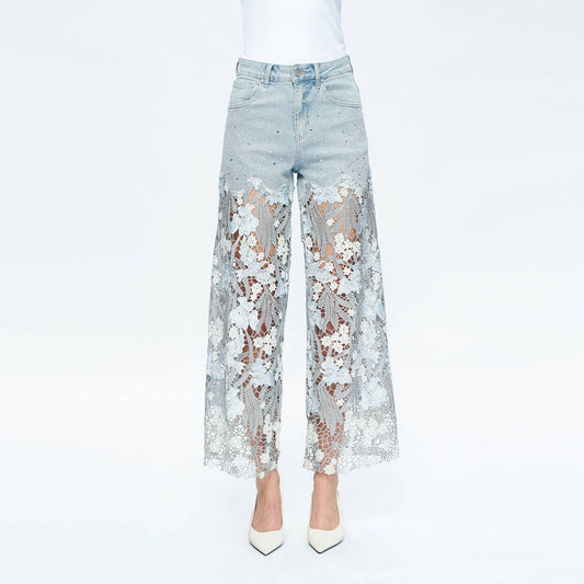 HIGH RISE WIDE LEG JEANS WITH LACE SPLICED BYW8090