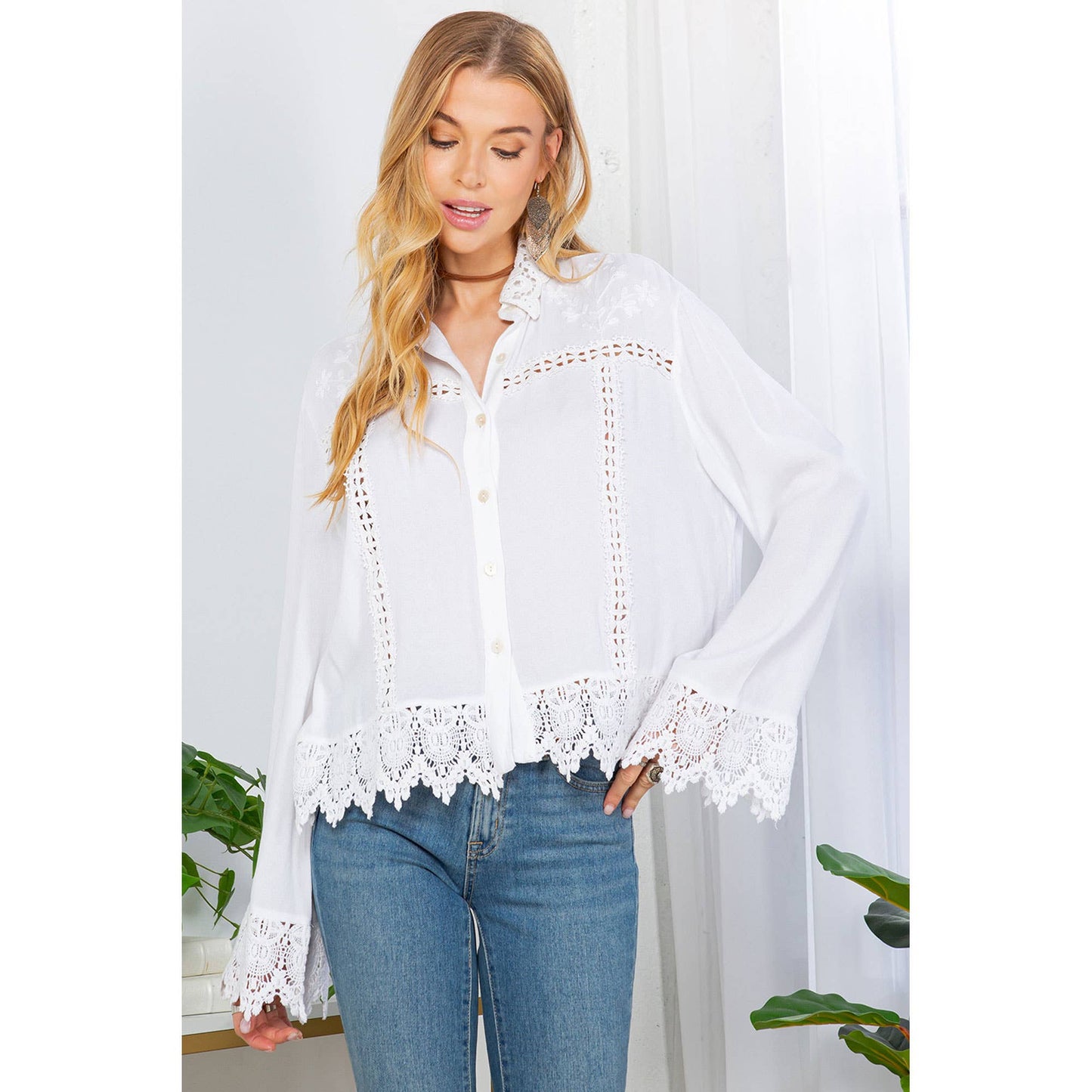Lace-Inspired Trucker Jacket Top Lace Inserts, Soft Collar