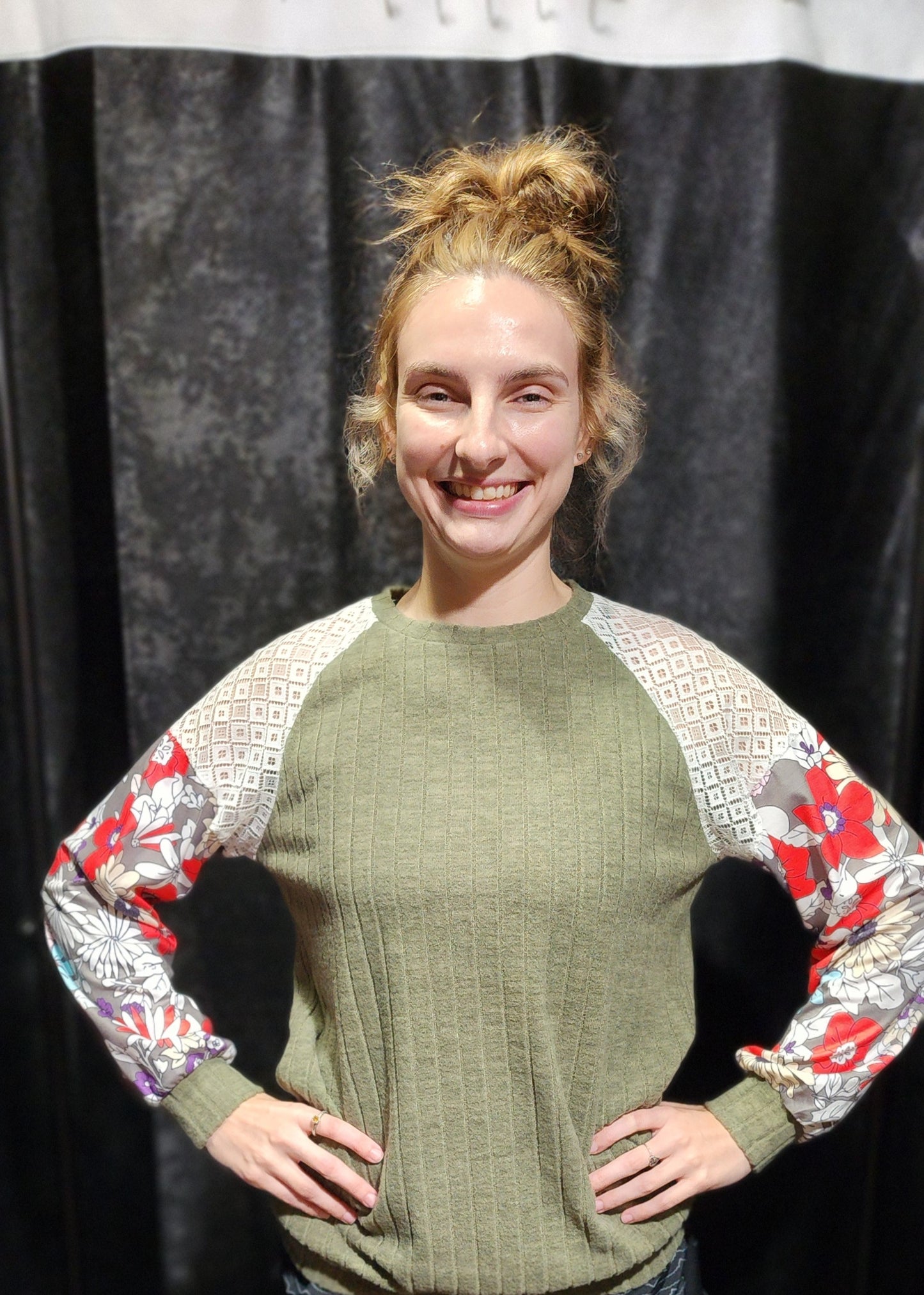 Moss colored top with Floral/ lace sleeves