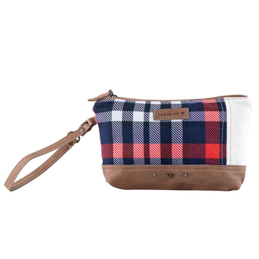 Canvas Leather Plaid Women's Wristlet/pouch - Navy/red