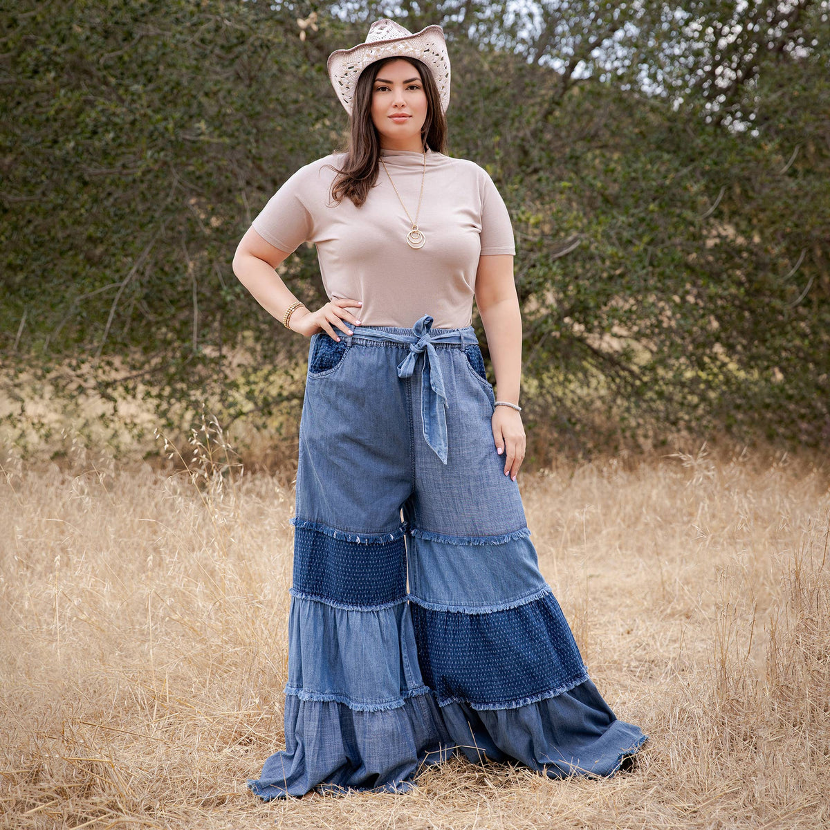 Boho Mixed-Denim Bell-Bottom Pant