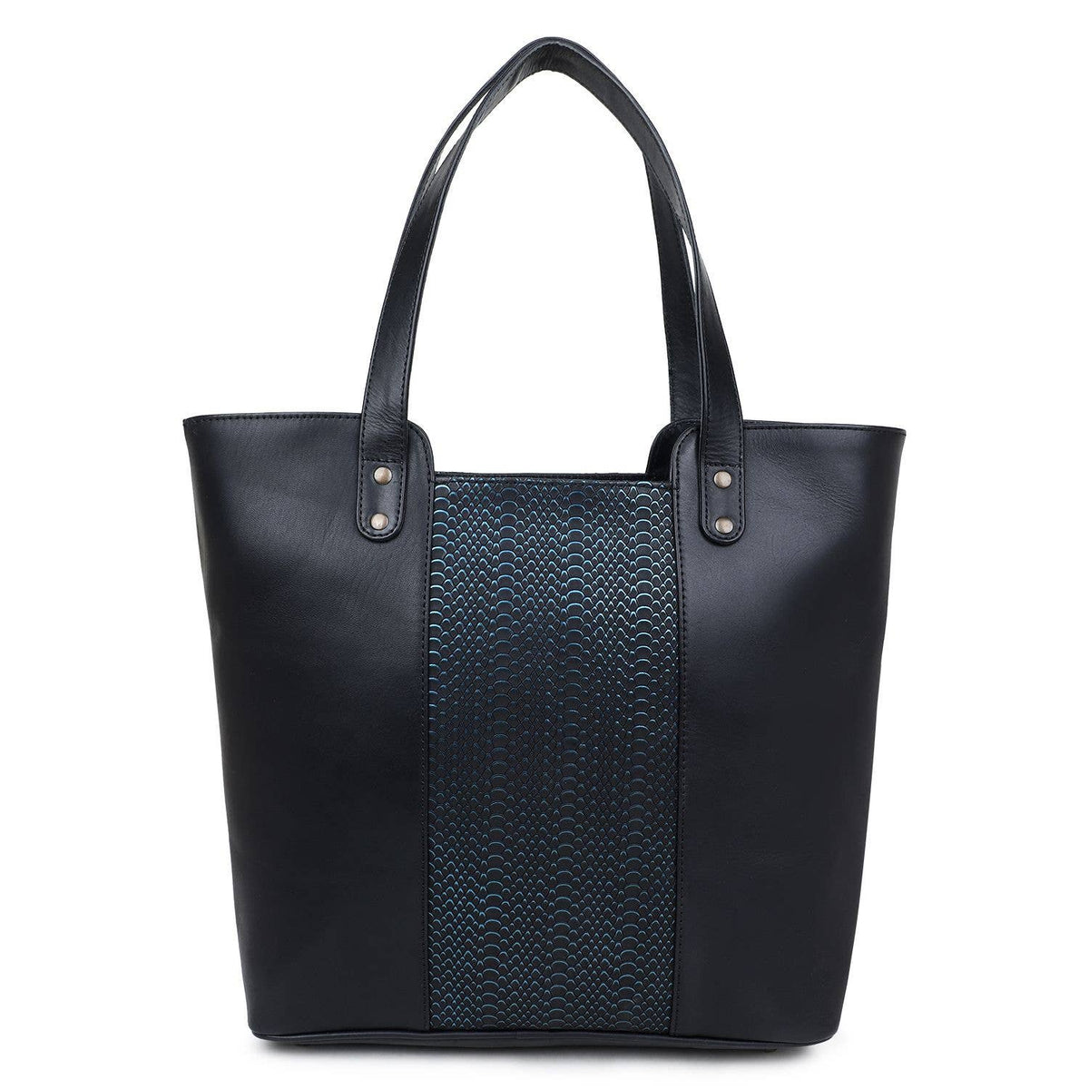 Leather Women's Tote Bag - Black Snake Texture
